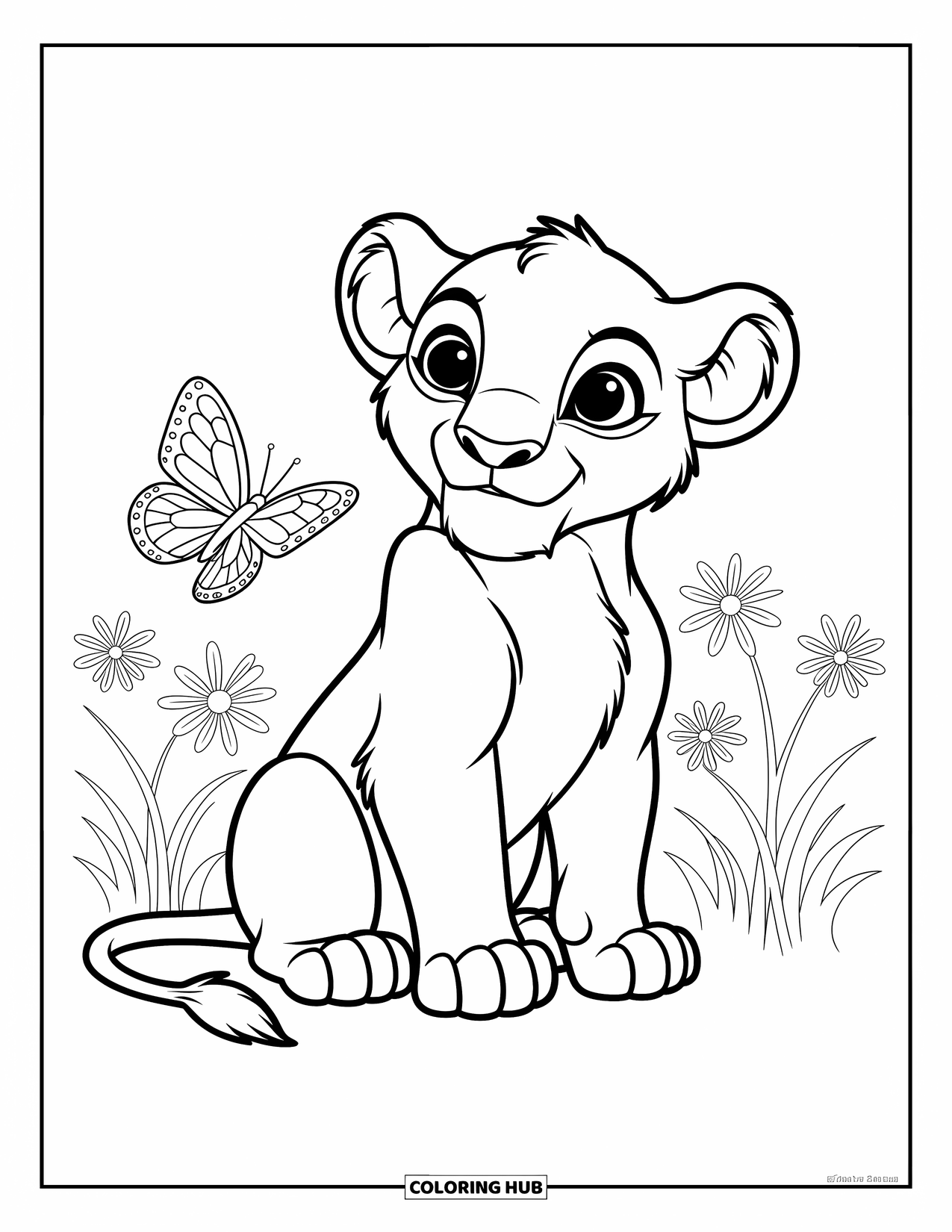 Kolorowanka z lwem dla dzieci: Ciekawe lwiątko przechyla głowę na motyla, obserwując go zafascynowane