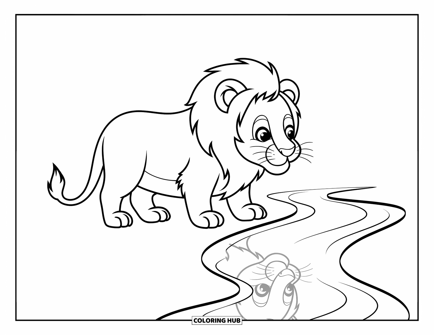 Kolorowanka z lwem dla dzieci: Uroczy lew zagląda do strumienia, a jego ciekawe oczy są utkwione w wodzie