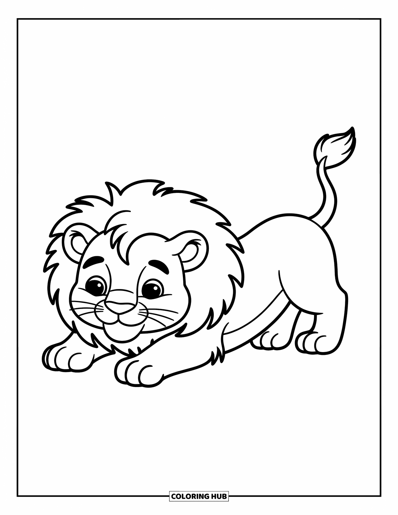 Kolorowanka z lwem dla dzieci: Uroczy lew przeciąga się figlarnie po przebudzeniu z drzemki, a jego puszysta grzywa jest lekko potargana