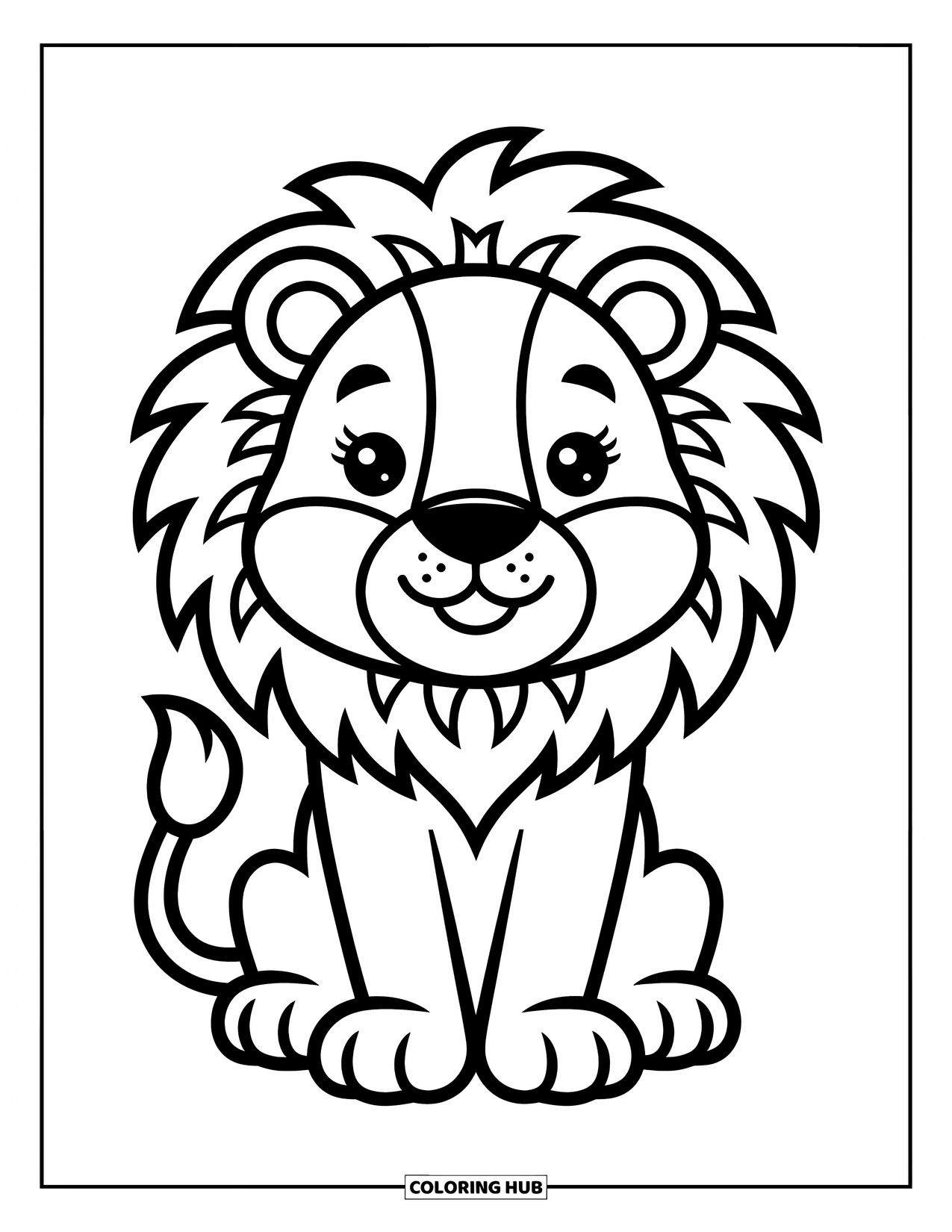 Kolorowanka z lwem dla dzieci: Uroczy lew z puszystą grzywą siedzi szczęśliwie, a jego radosny wyraz twarzy jest pełen ciepła