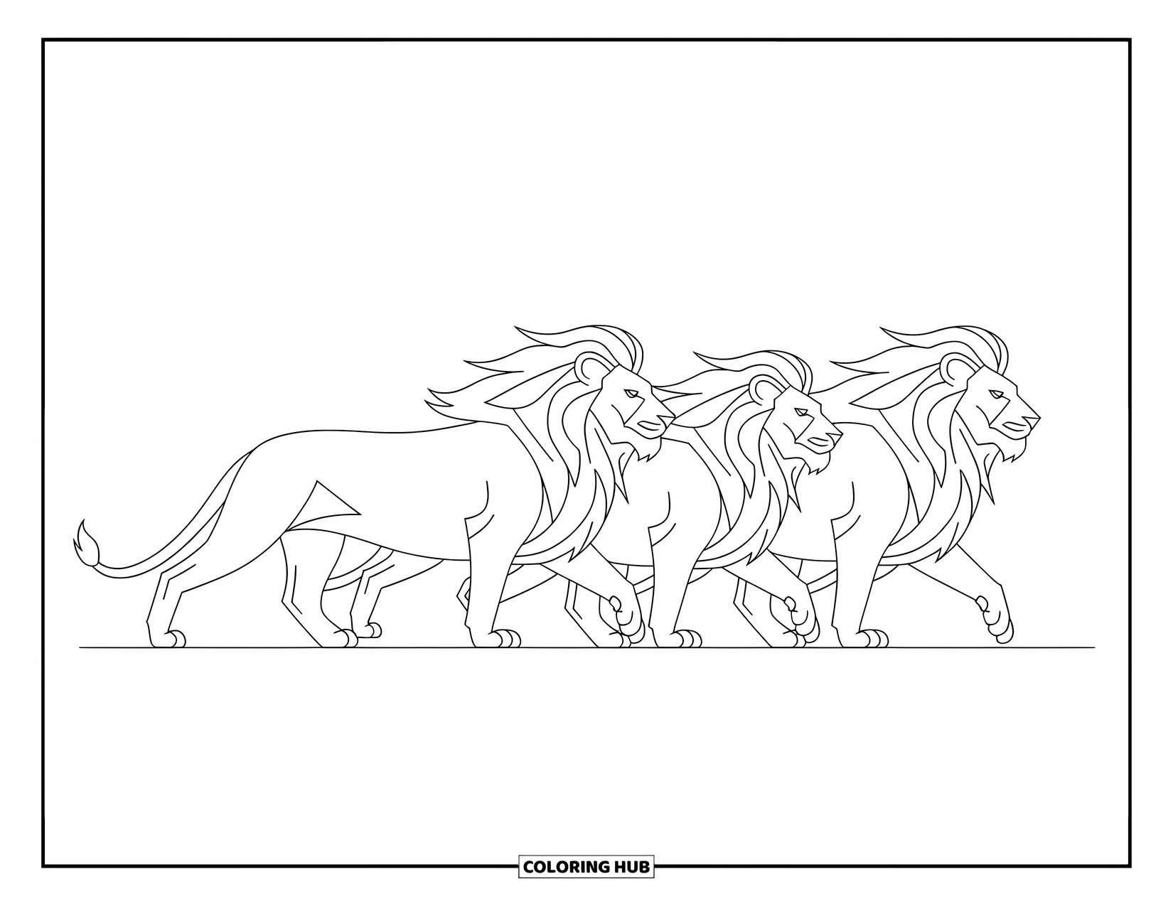 Kolorowanka z lwem dla dzieci: Rodzina lwów idzie w harmonii, a ich potężne sylwetki są uchwycone w pełnym gracji ruchu