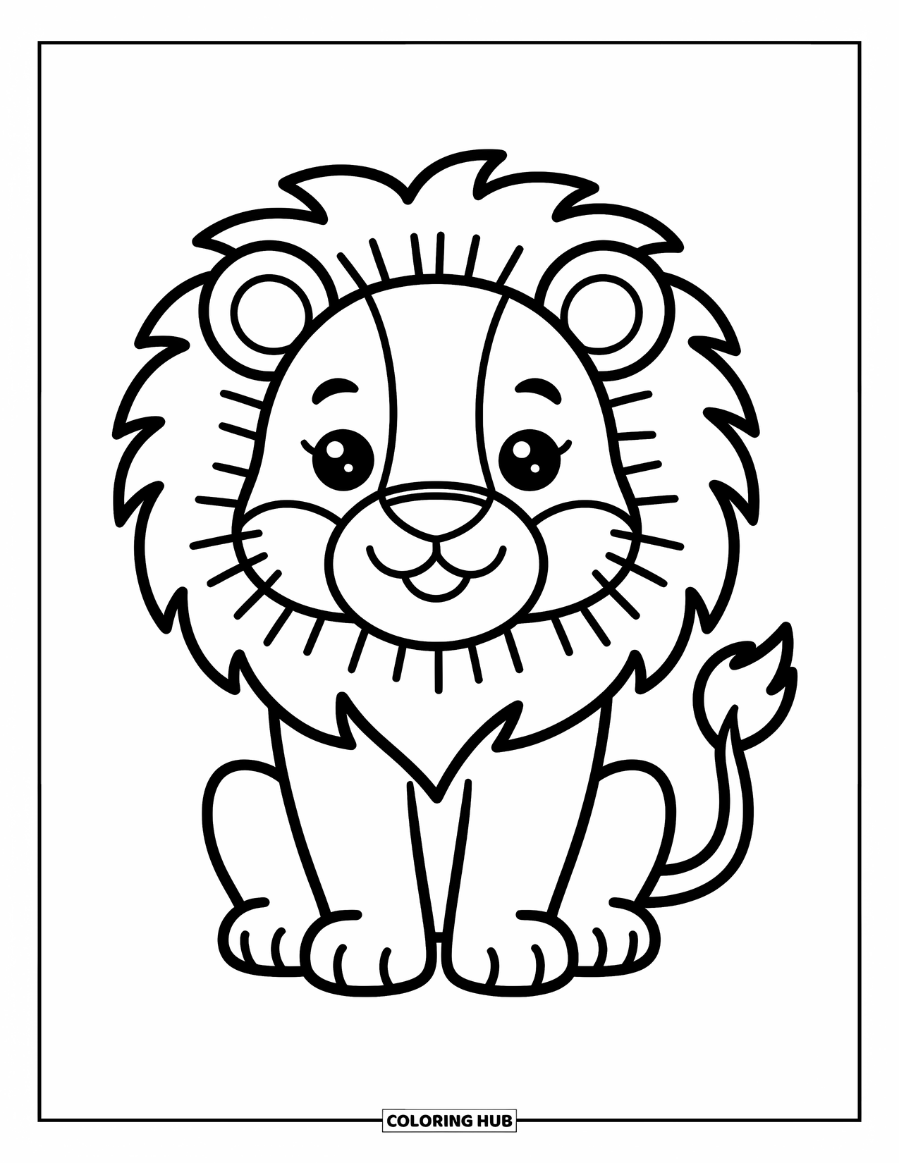 Kolorowanka z lwem dla dzieci: Puszysty lew z dużą grzywą siedzi spokojnie, emanując ciepłem i szczęściem
