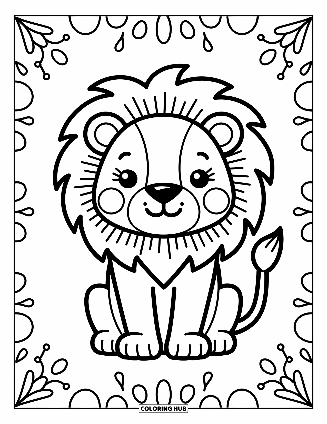 Kolorowanka z lwem dla dzieci: Lew z puszystą grzywą siedzi spokojnie, a jego zaokrąglone rysy dodają mu figlarnego uroku