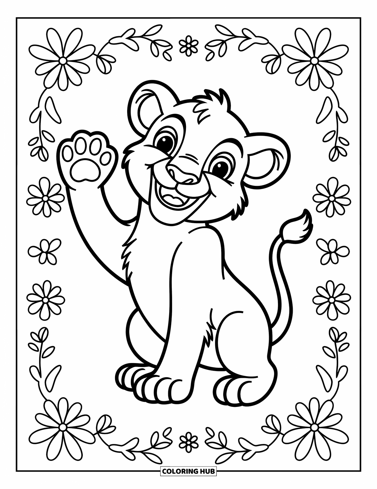Kolorowanka z lwem dla dzieci: Przyjazny lew macha z radością, otoczony kapryśnymi kwiatami i liśćmi
