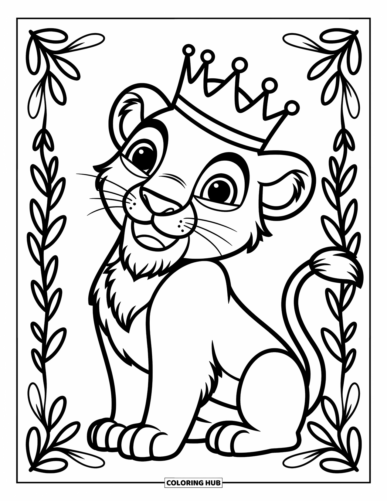 Kolorowanka z lwem dla dzieci: Przyjazny lew noszący małą koronę stoi dumnie, a jego wyraz twarzy jest szczęśliwy i pewny siebie