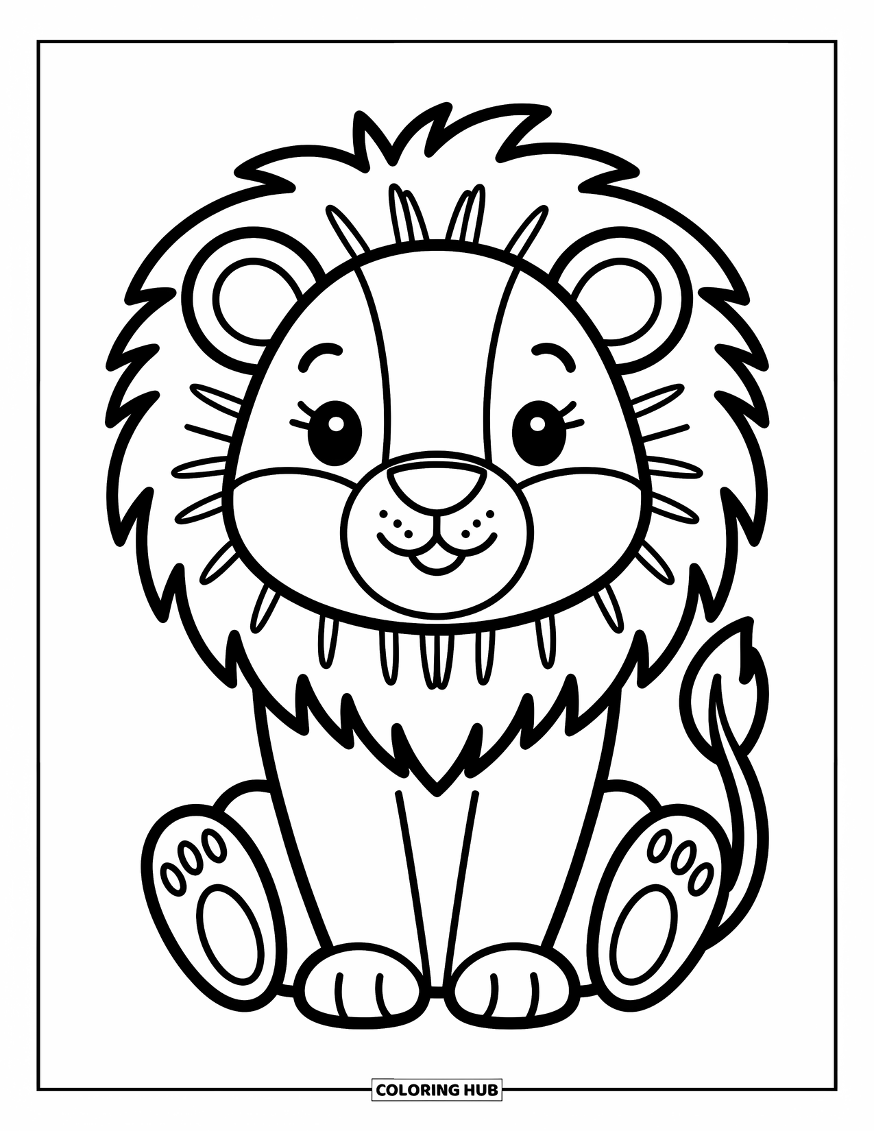 Kolorowanka z lwem dla dzieci: Szczęśliwy lew z dużą, miękką grzywą siedzi z zadowoleniem, promieniując radosną energią