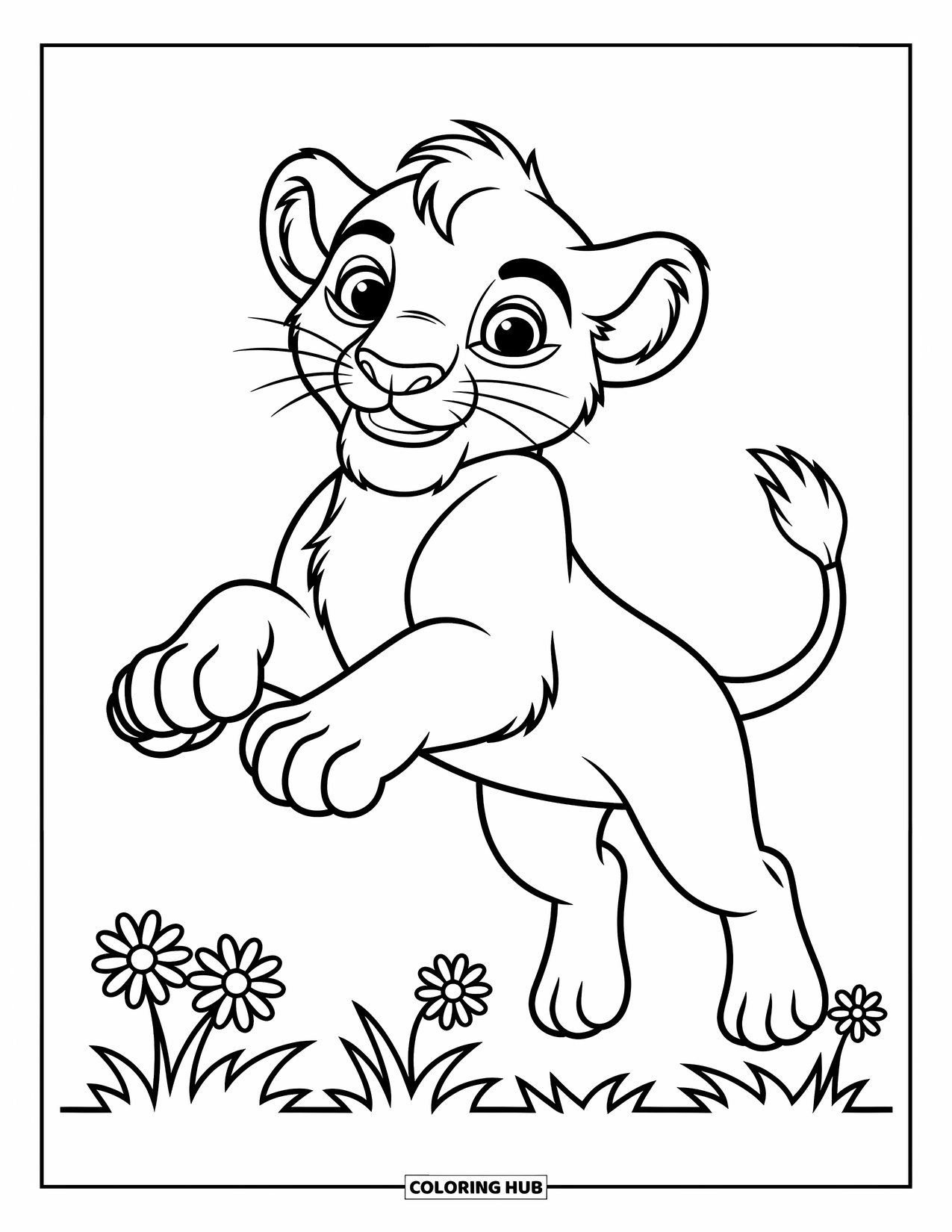 Kolorowanka z lwem dla dzieci: Radosny lwiątko skacze z gracją, a jego grzywa płynie za nim w ekscytującym ruchu