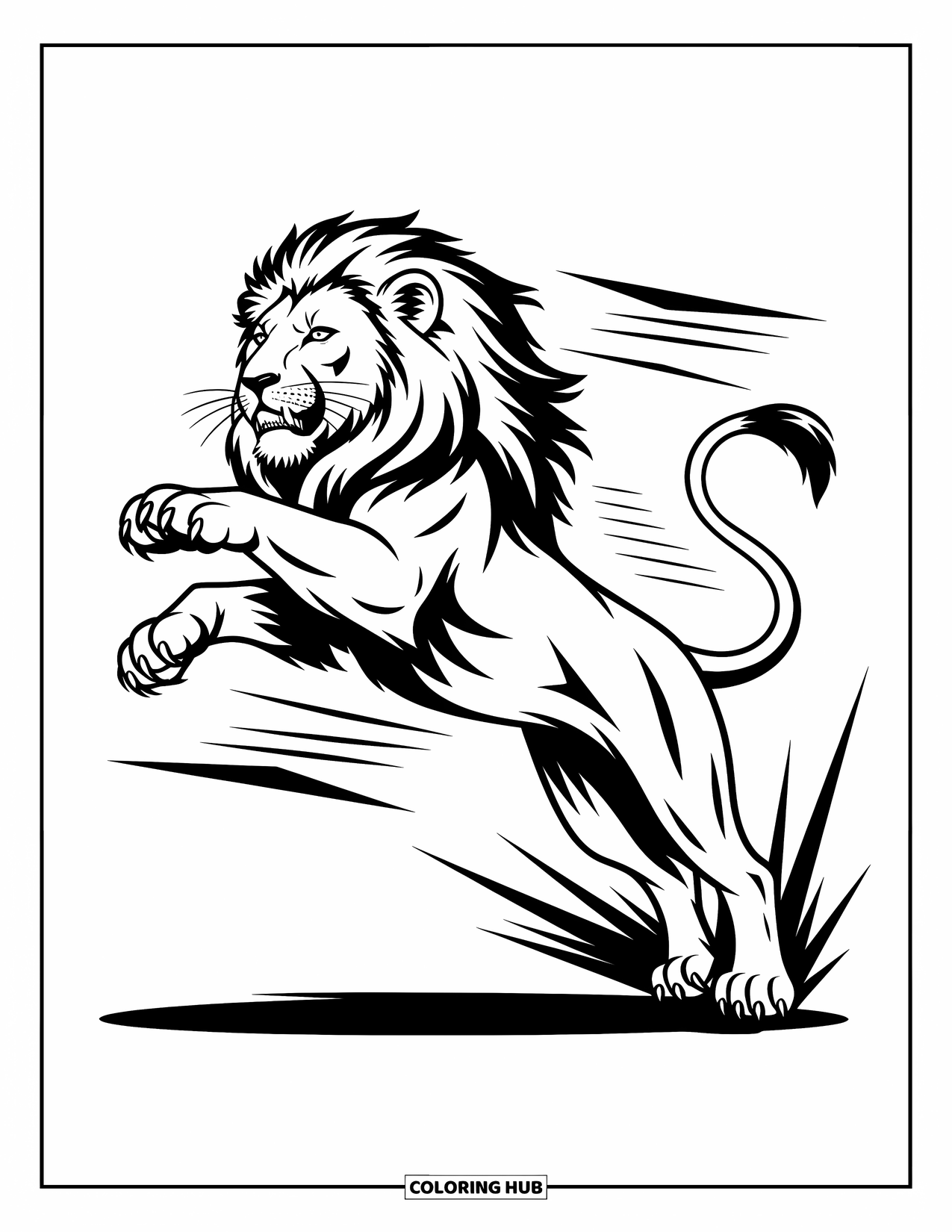 Kolorowanka z lwem dla dzieci: Skaczący lew wysuwa pazury, a jego grzywa powiewa w dramatycznym ruchu