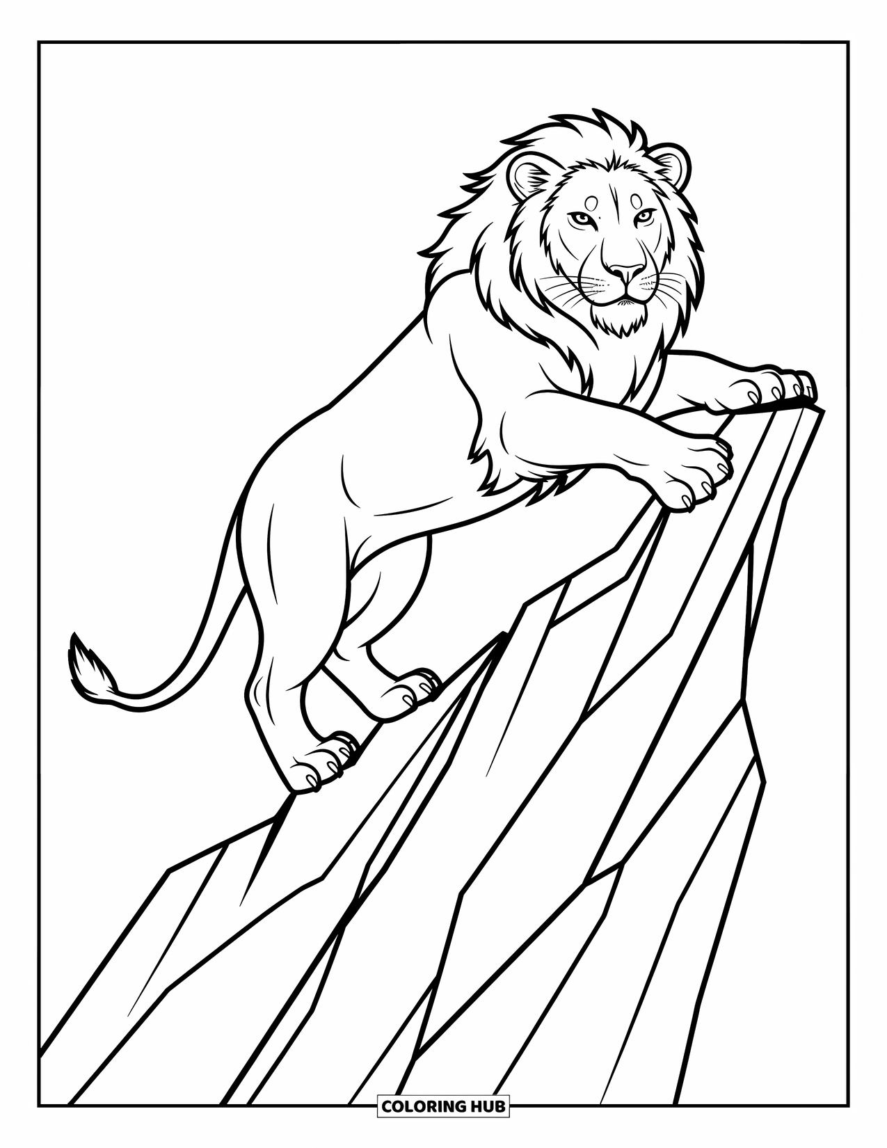 Kolorowanka z lwem dla dzieci: Lew wspina się na poszarpaną skałę, a jego potężne ciało jest gotowe do odważnego skoku