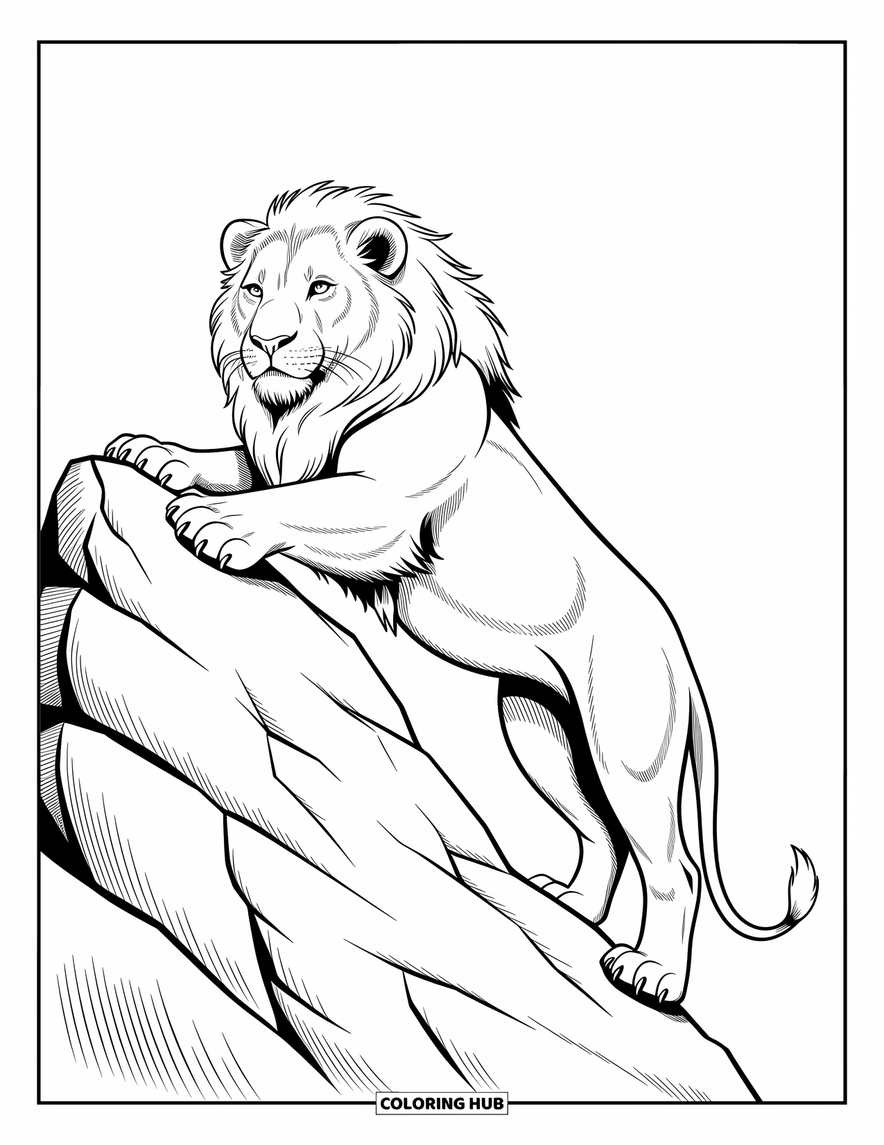 Kolorowanka z lwem dla dzieci: Lew wspina się na skałę, a jego pewne spojrzenie jest utkwione w ścieżce przed nim