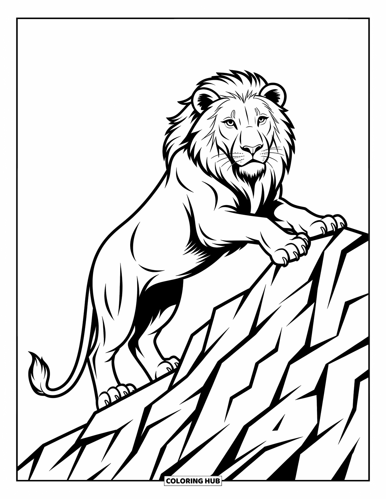 Kolorowanka z lwem dla dzieci: Lew wspina się na skalisty szczyt, a jego wyważona sylwetka jest gotowa do skoku