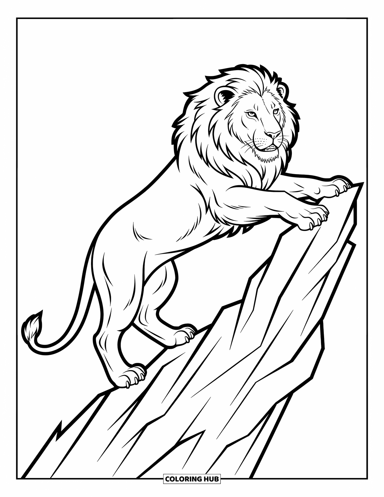 Kolorowanka z lwem dla dzieci: Lew wspina się na nierówną skałę, a jego napięte mięśnie są gotowe do skoku