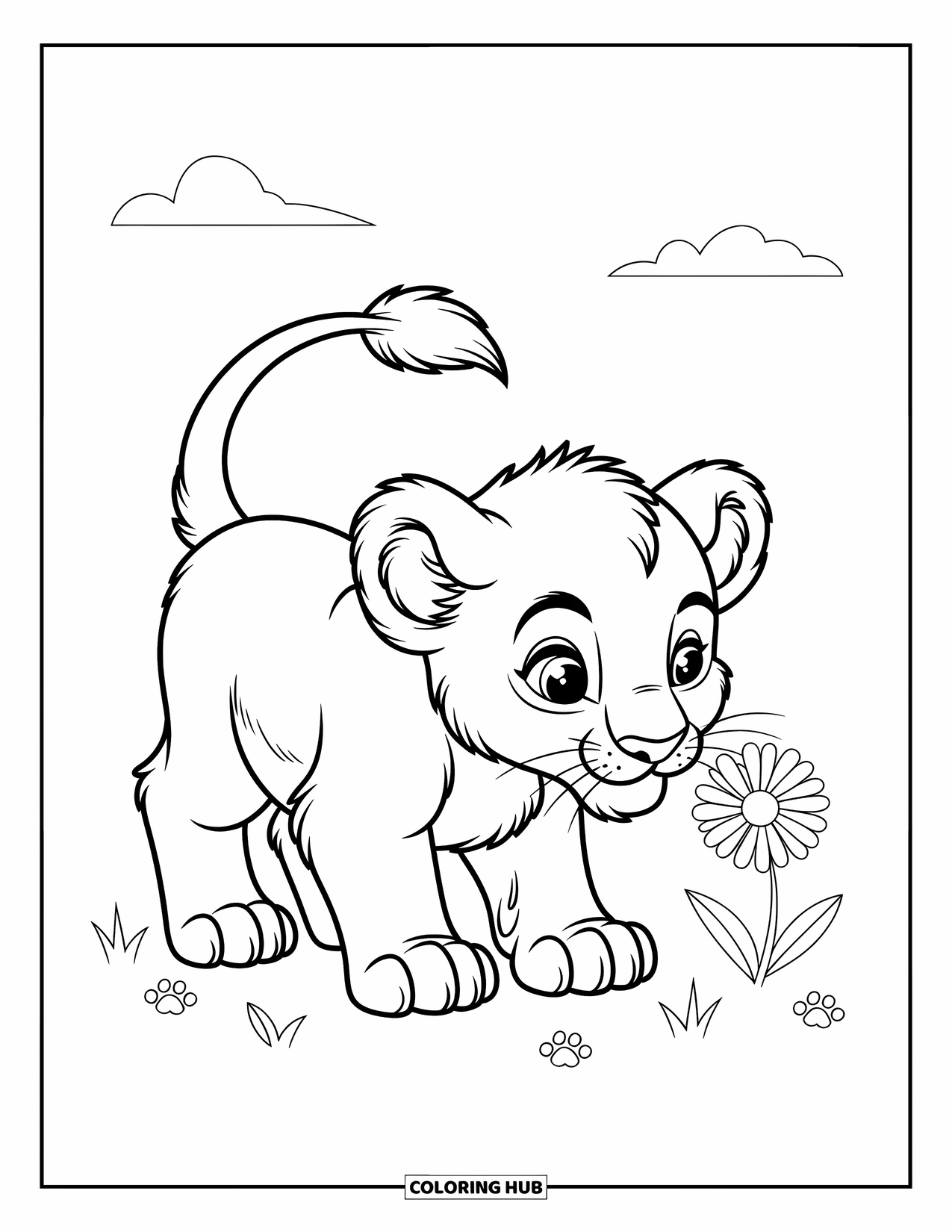 Kolorowanka z lwem dla dzieci: Lwiątko pochyla się, aby powąchać kwiat, a jego oczy są pełne ciekawości i radości