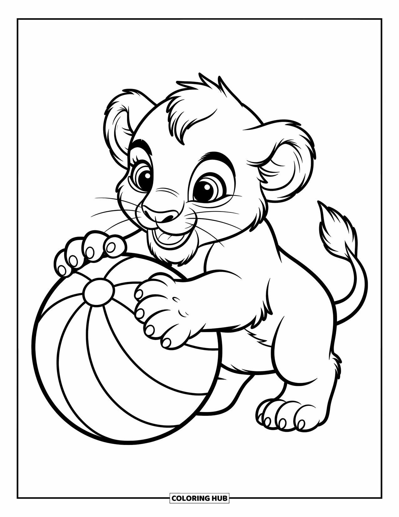 Kolorowanka z lwem dla dzieci: Lwiątko bawi się piłką, a jego puszyste łapki mocno ją trzymają