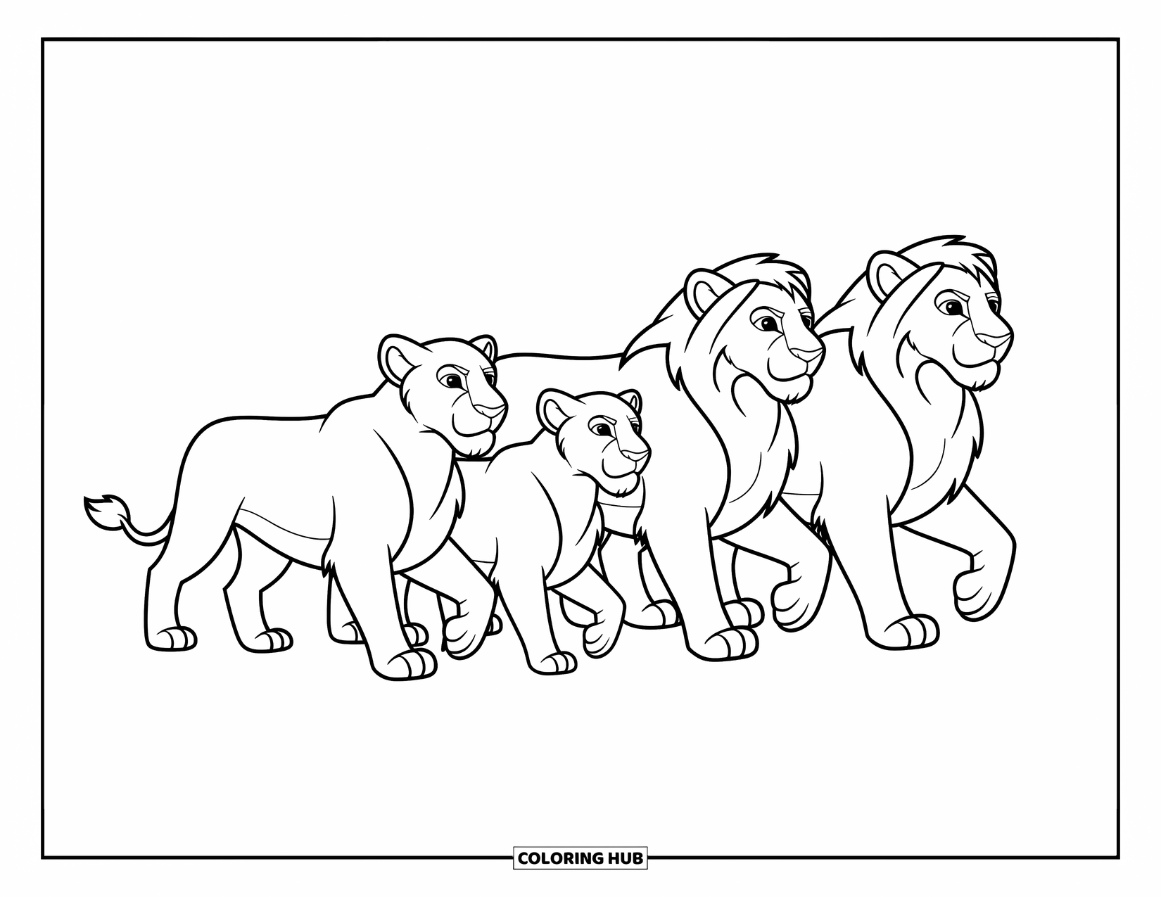 Kolorowanka z lwem dla dzieci: Rodzina lwów porusza się z pewnością siebie, a ich powiewające grzywy dodają poczucia ruchu