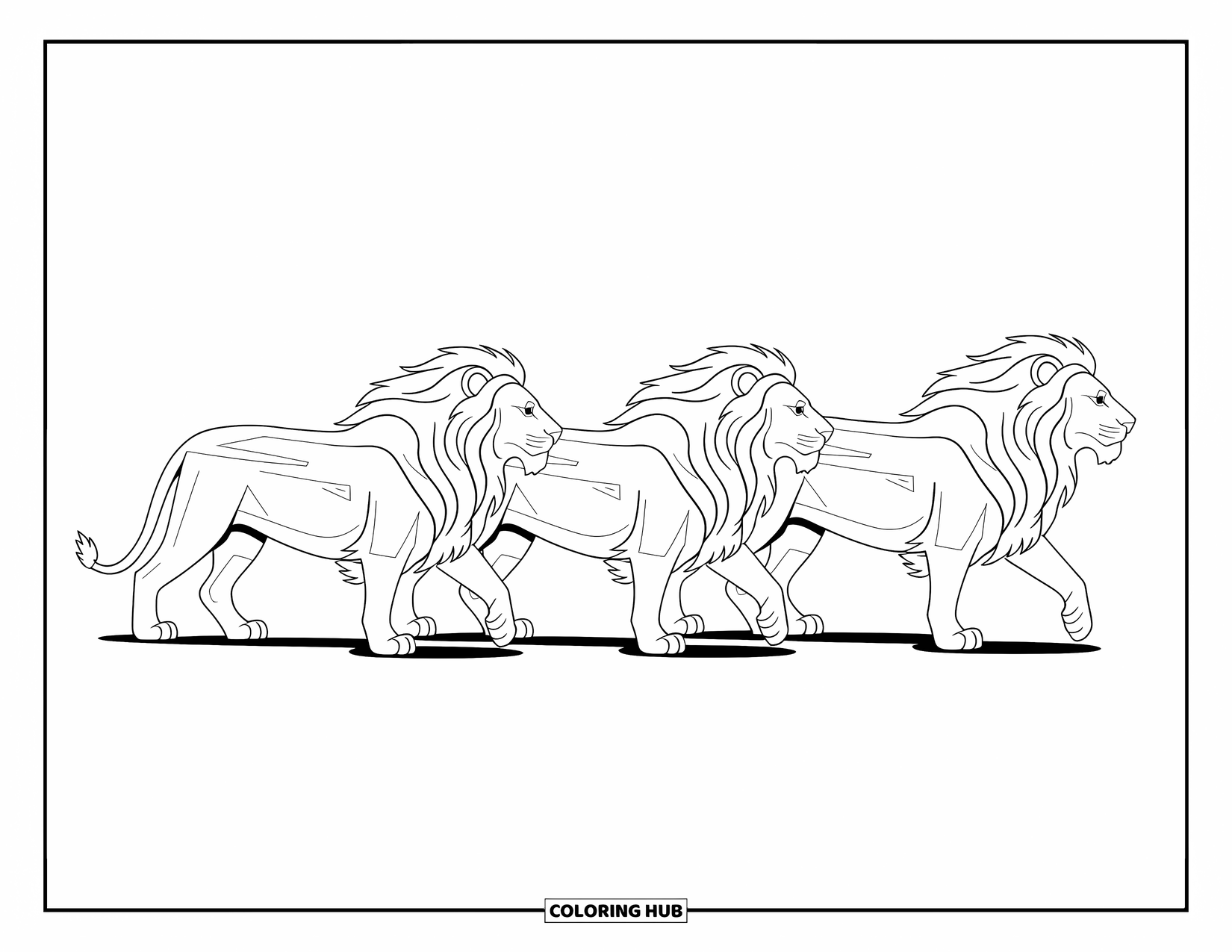 Kolorowanka z lwem dla dzieci: Rodzina lwów idzie razem, a ich silne, płynne kroki odzwierciedlają jedność i siłę