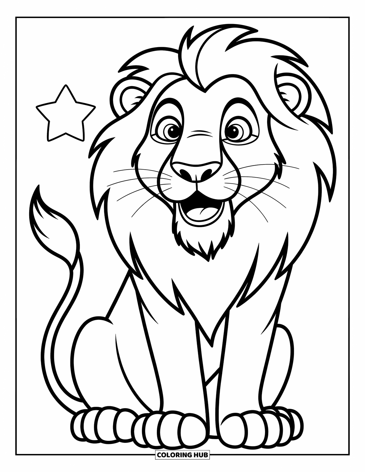 Kolorowanka z lwem dla dzieci: Lew trzyma w łapie małą gwiazdkę, wpatrując się w nią z szeroko otwartymi oczami