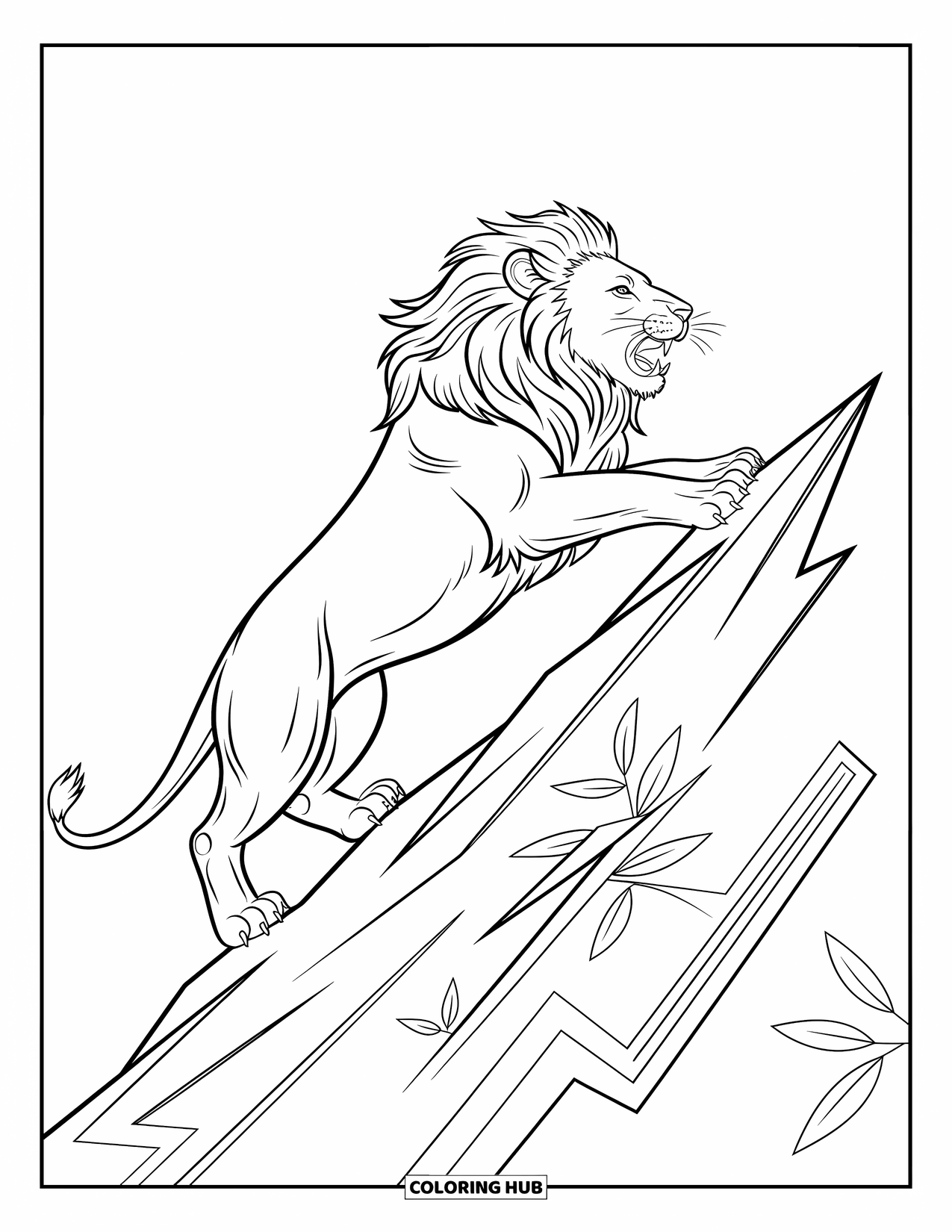 Kolorowanka z lwem dla dzieci: Lew siedzi na poszarpanej skale, a jego mięśnie są napięte z determinacją