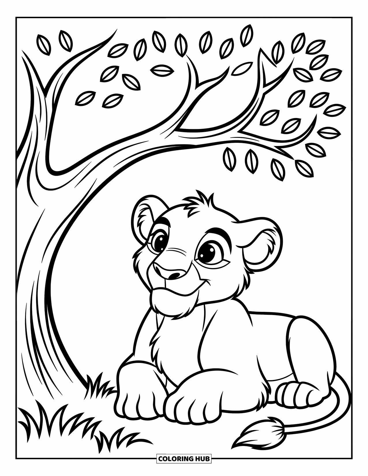 Kolorowanka z lwem dla dzieci: Lew relaksuje się pod drzewem, a jego oczy są pełne ciekawości i zdumienia