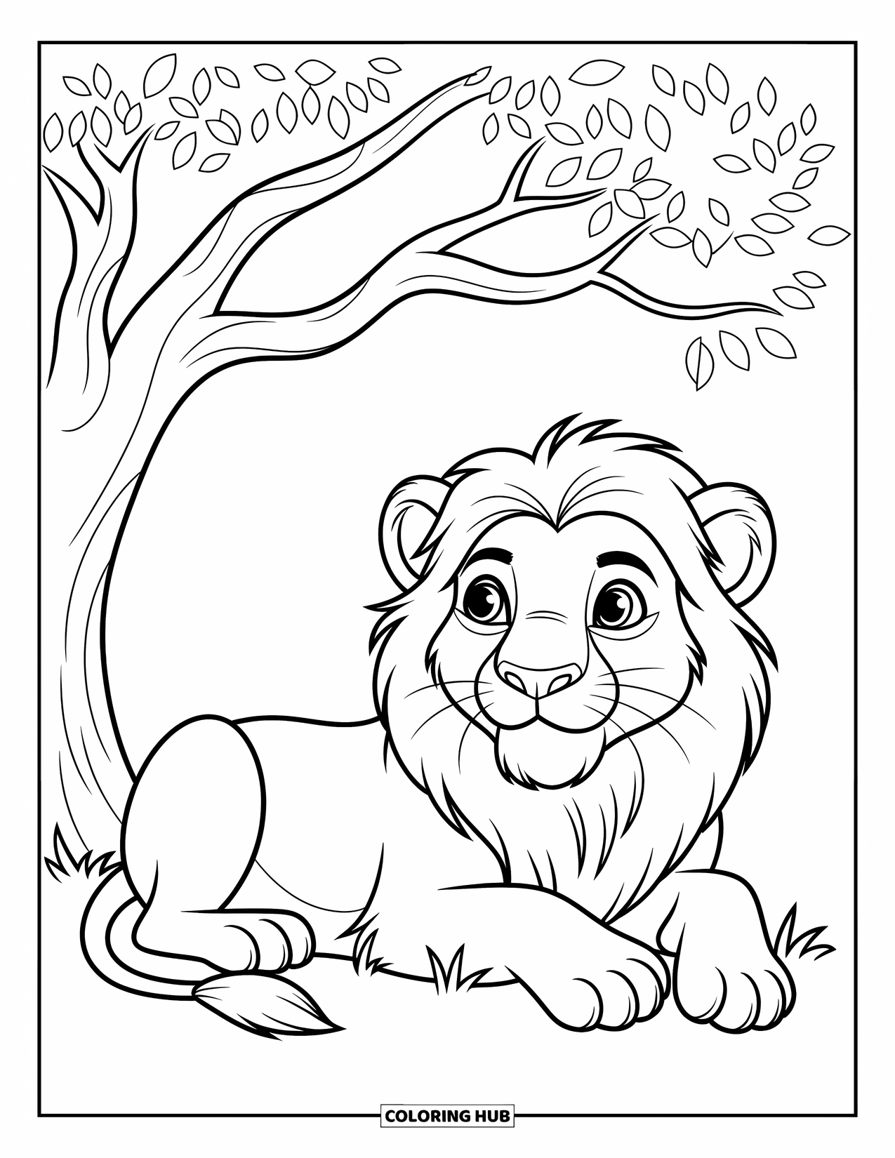 Kolorowanka z lwem dla dzieci: Lew odpoczywa spokojnie pod drzewem, w zamyśleniu wpatrując się w niebo