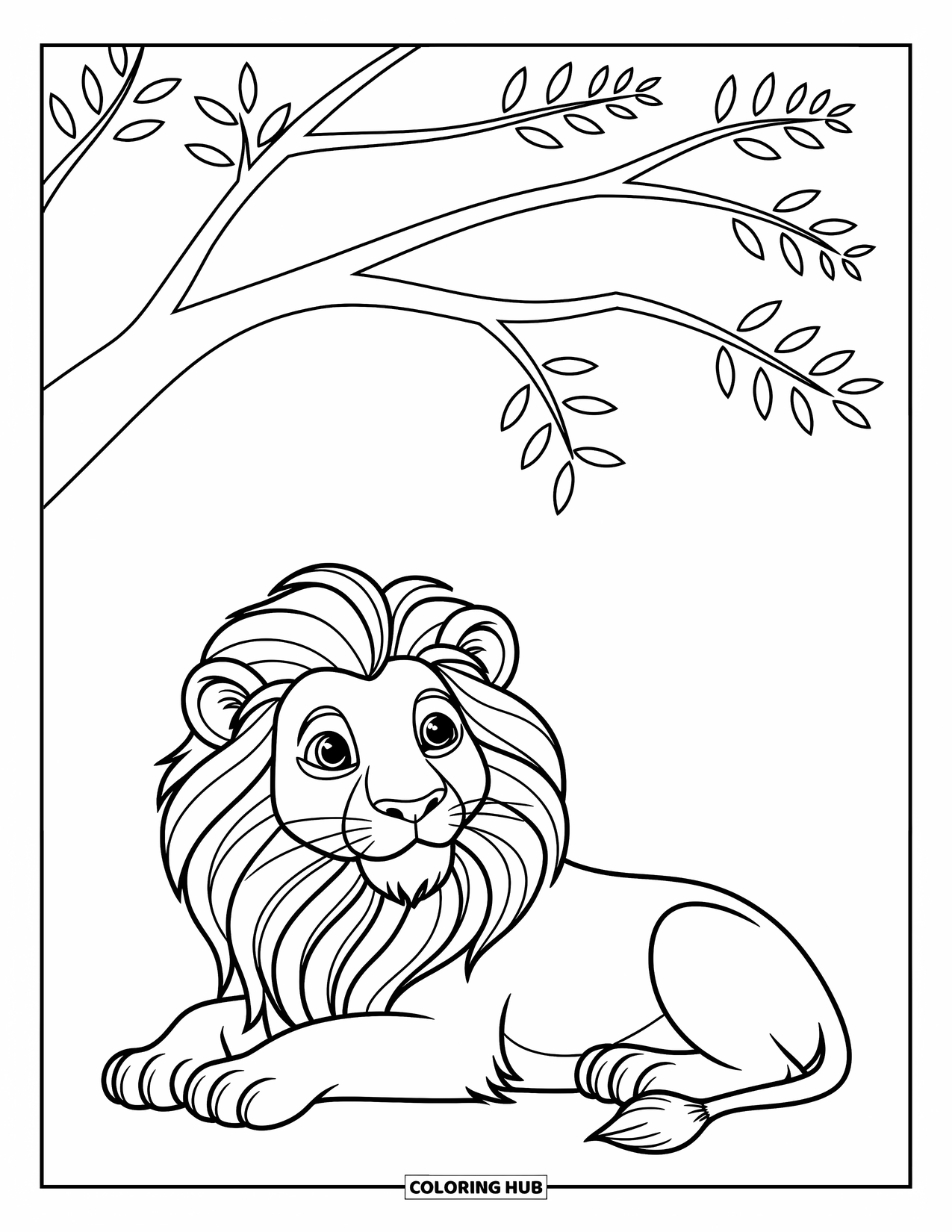 Kolorowanka z lwem dla dzieci: Lew odpoczywa pod drzewem, w zamyśleniu wpatrując się w niebo