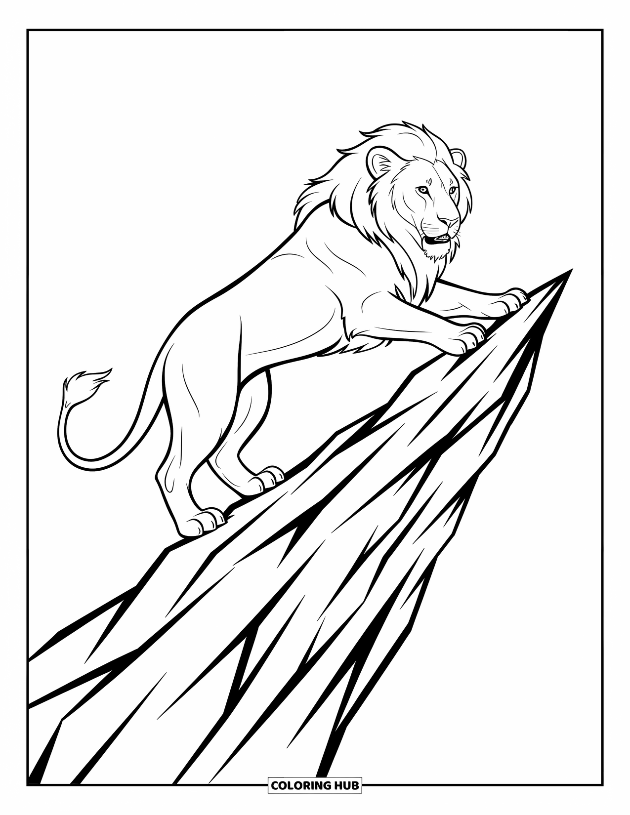 Kolorowanka z lwem dla dzieci: Lew wspina się na skalną półkę, a jego silna postawa jest pełna energii i ruchu