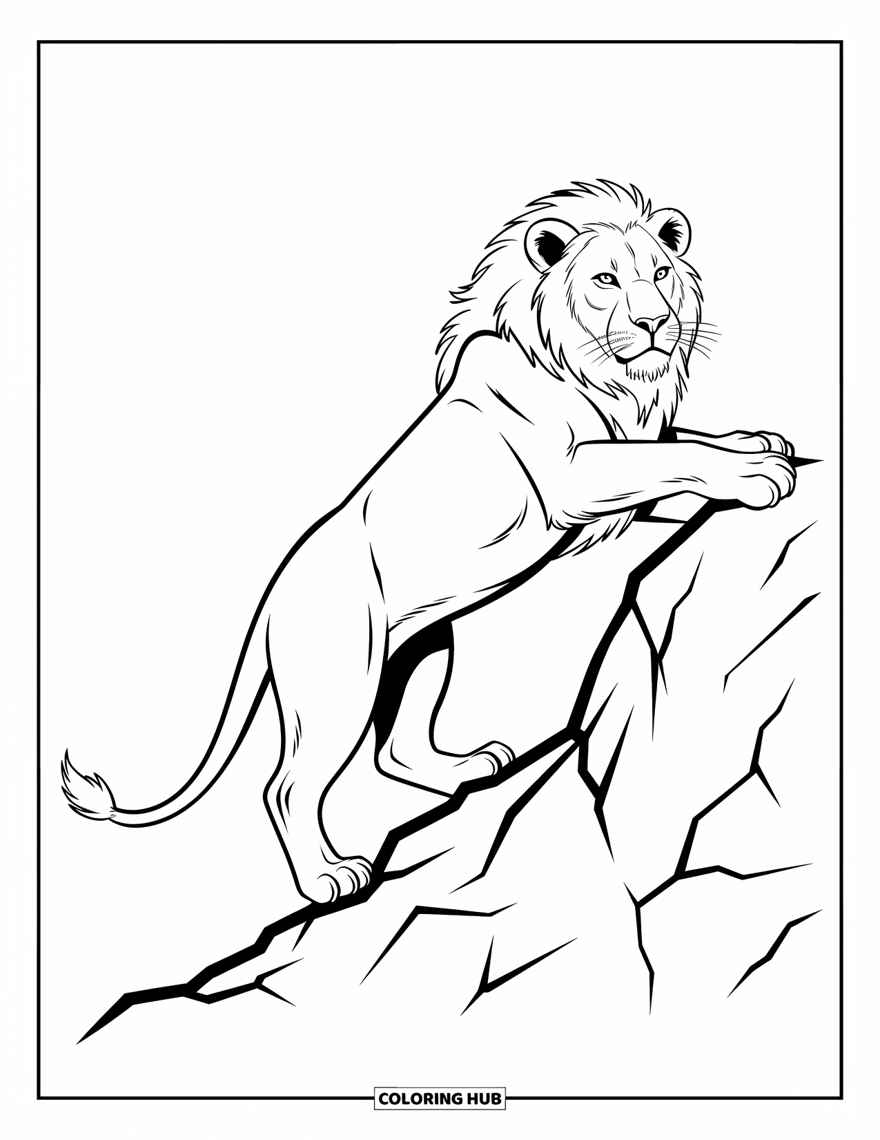 Kolorowanka z lwem dla dzieci: Lew wspina się na nierówną skałę, a jego potężna postawa jest pełna energii i ruchu
