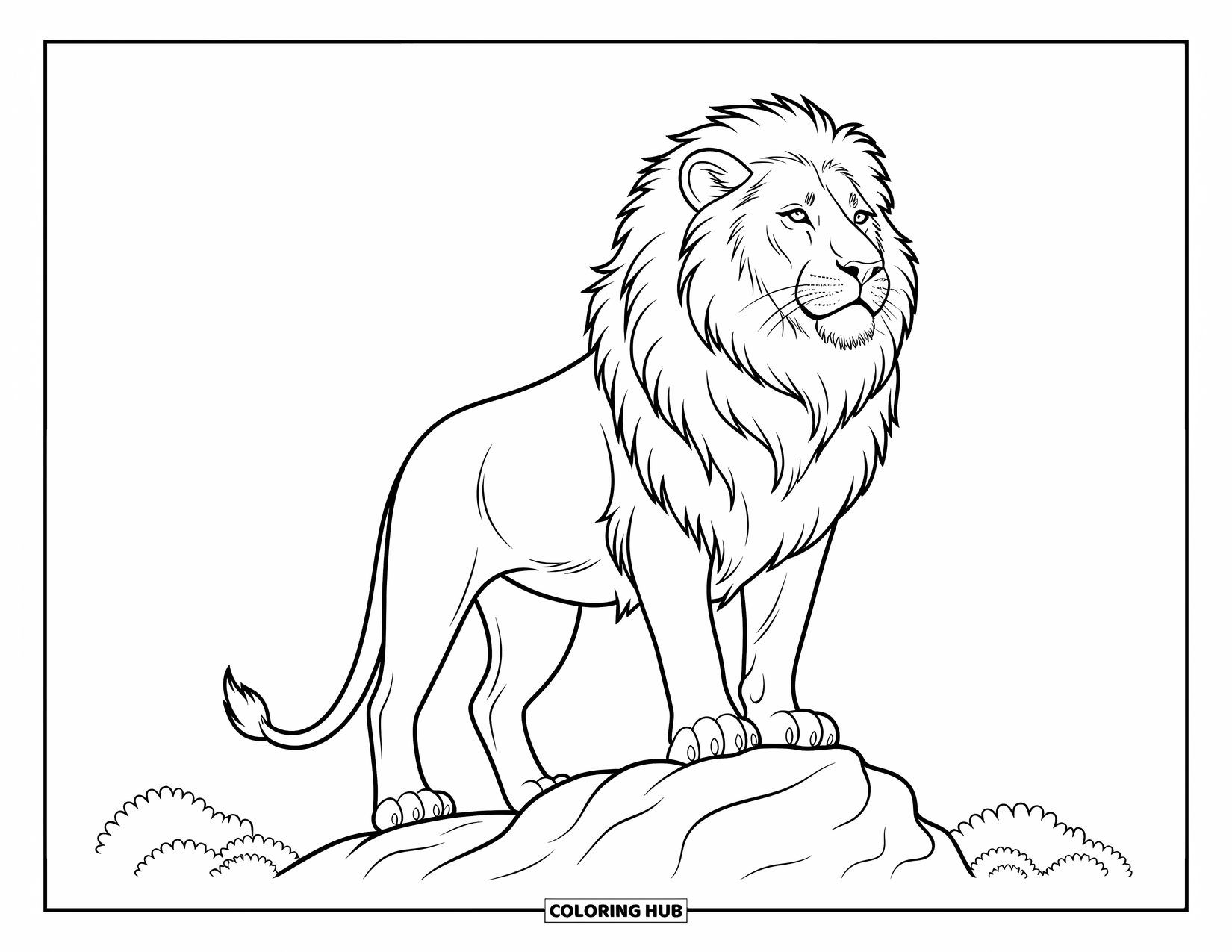 Kolorowanka z lwem dla dzieci: Lew siedzi na skale, a jego grzywa powiewa na wietrze, gdy czuwa nad swoją ziemią