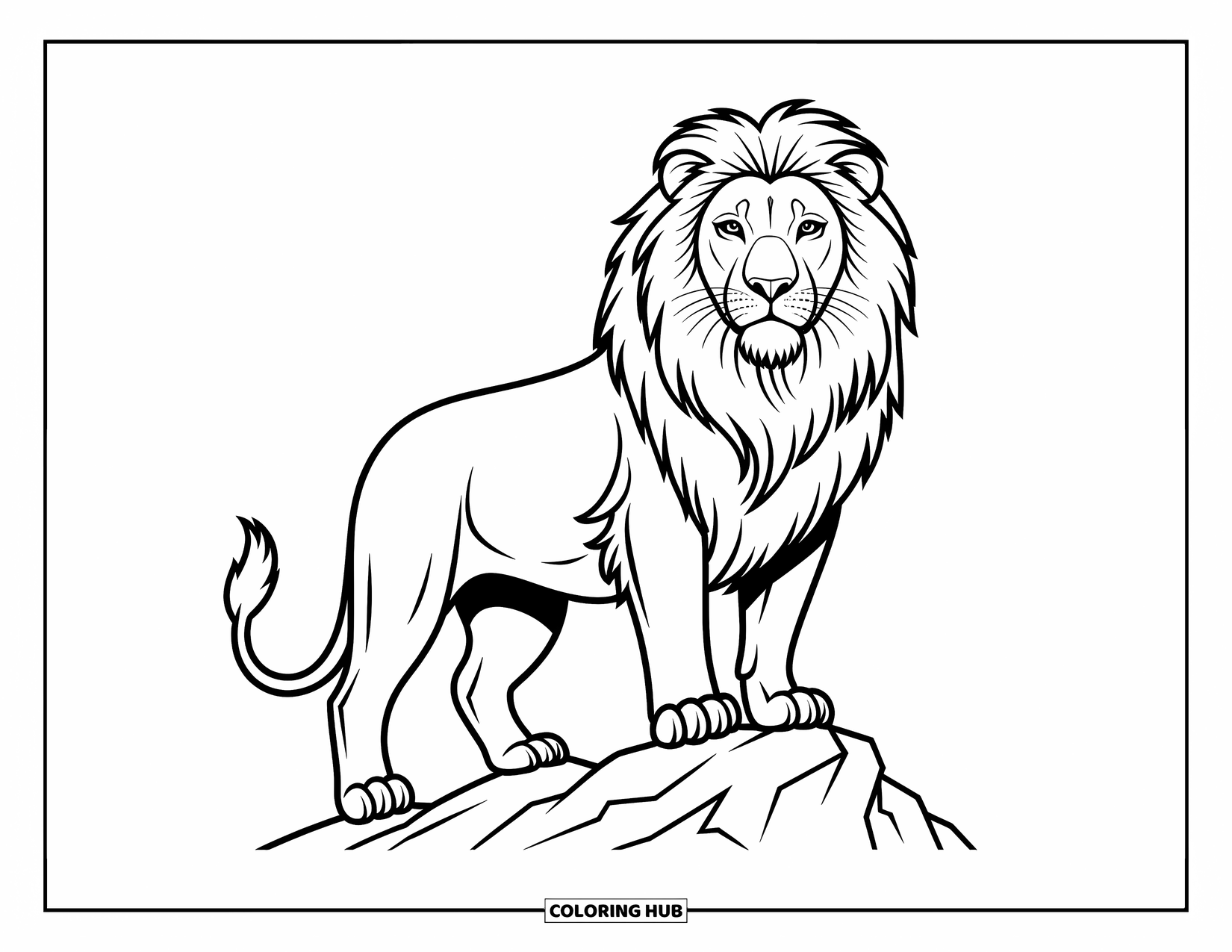 Kolorowanka z lwem dla dzieci: Lew stoi wysoko na skale, a jego pewne spojrzenie utkwione jest w oddali