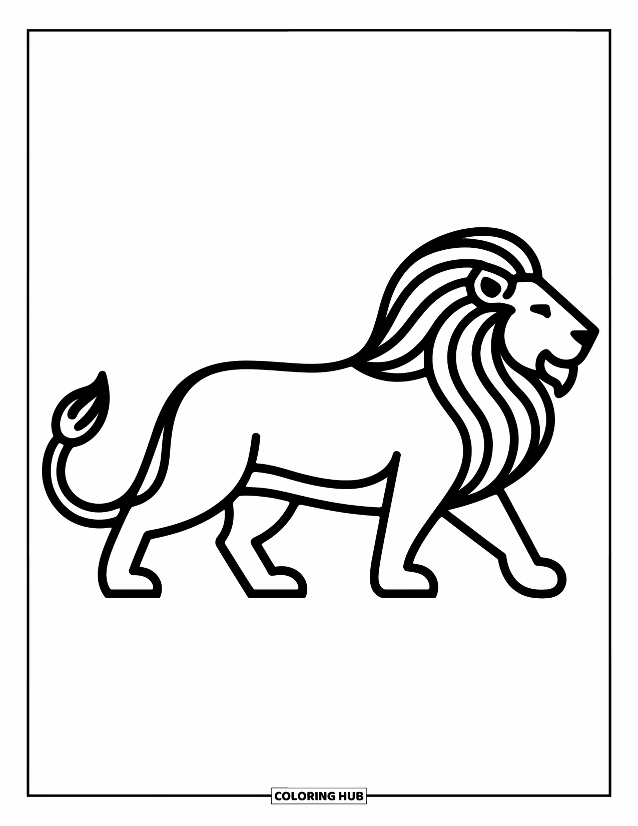 Kolorowanka z lwem dla dzieci: Lew idzie pewnie, a jego grzywa powiewa, a ogon kołysze się z każdym krokiem