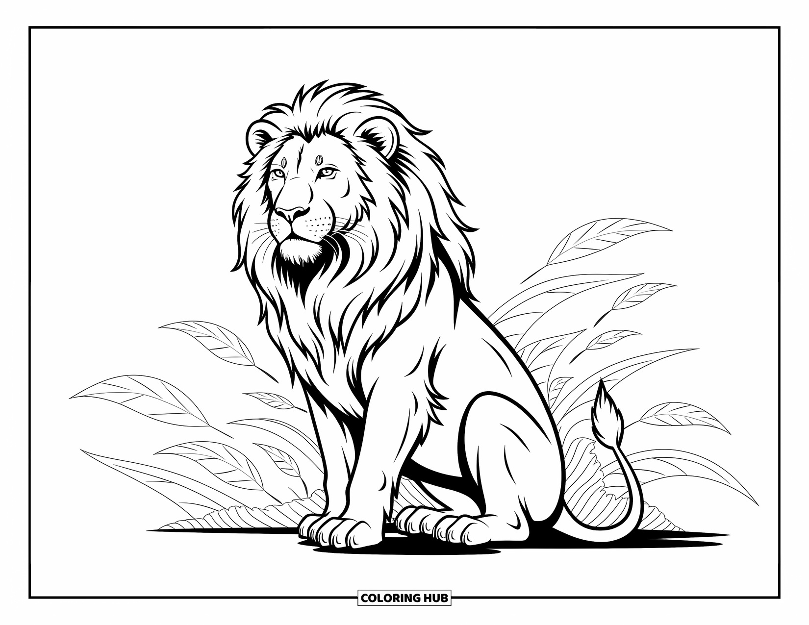 Kolorowanka z lwem dla dzieci: Lew z powiewającą grzywą odpoczywa wśród misternych liści, emanując mocą i wdziękiem