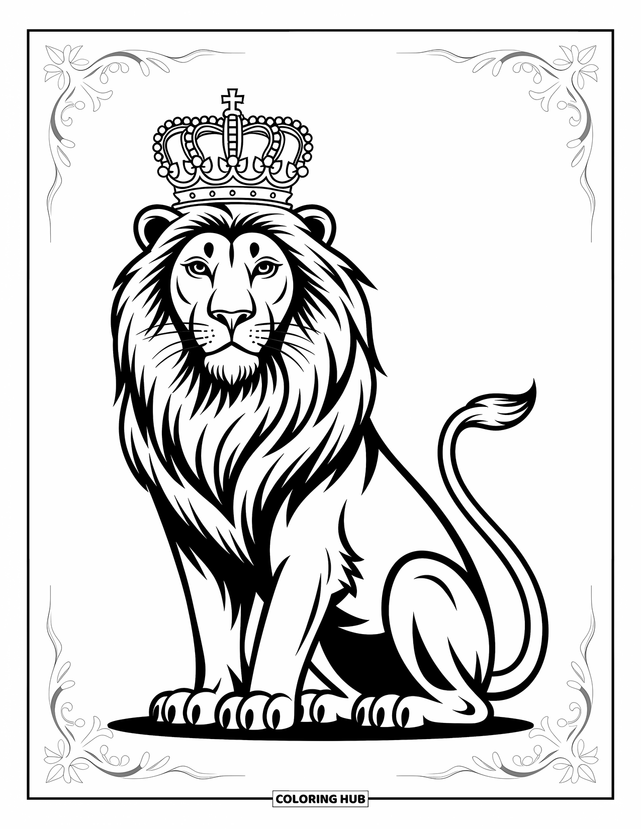 Kolorowanka z lwem dla dzieci: Lew z okazałą koroną czuwa nad swoim królestwem z cichą pewnością siebie