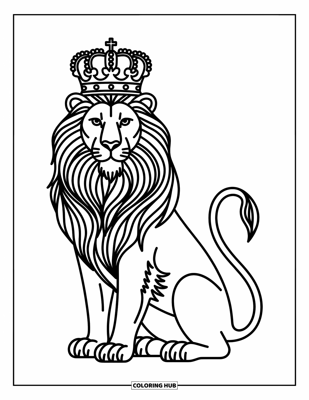 Kolorowanka z lwem dla dzieci: Lew z majestatyczną koroną siedzi wysoko, emanując siłą i autorytetem