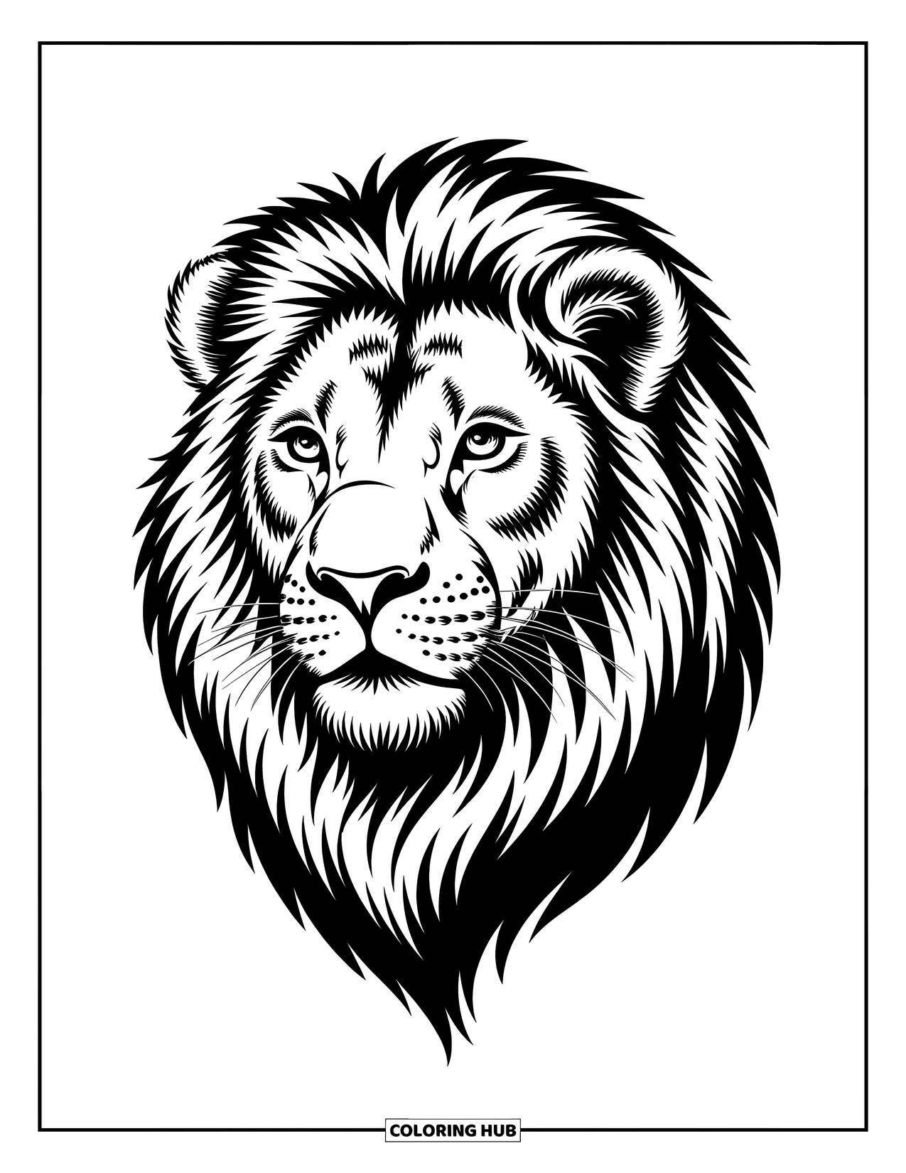 Kolorowanka z lwem dla dzieci: Intensywne spojrzenie lwa i dzika grzywa tworzą odważny i ekspresyjny portret