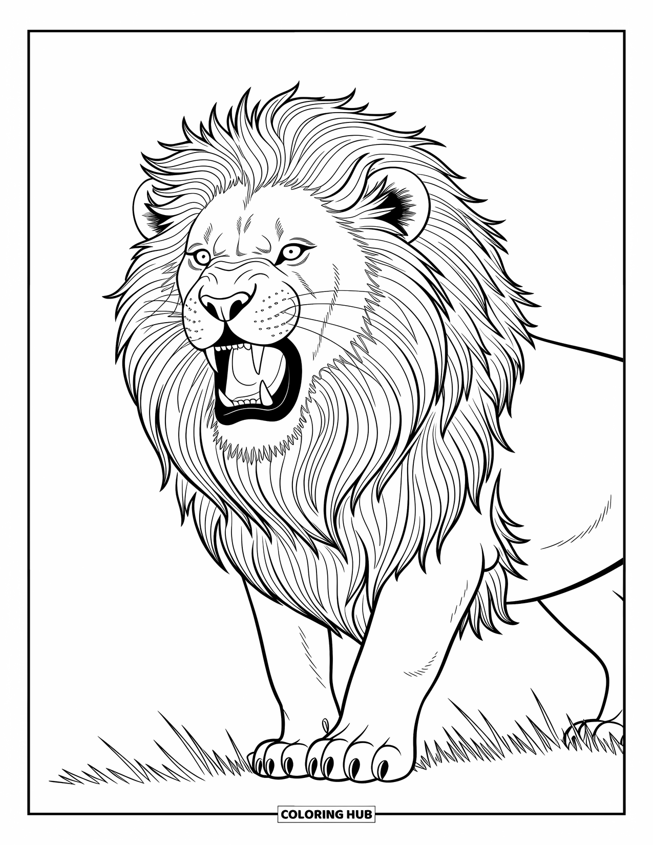 Kolorowanka z lwem dla dzieci: Dostojny lew wydaje potężny ryk, a jego wirująca grzywa jest pełna ruchu