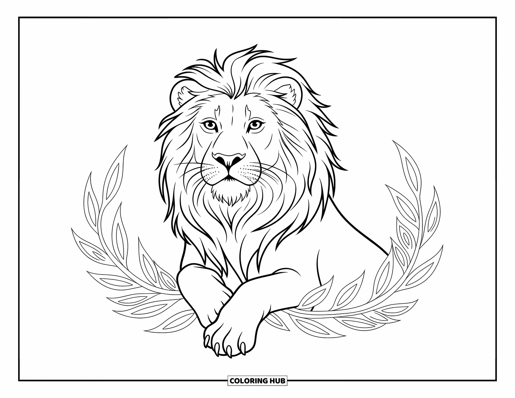 Kolorowanka z lwem dla dzieci: Dostojny lew siedzi wśród wirujących liści, a jego zamyślone spojrzenie pełne jest cichej siły