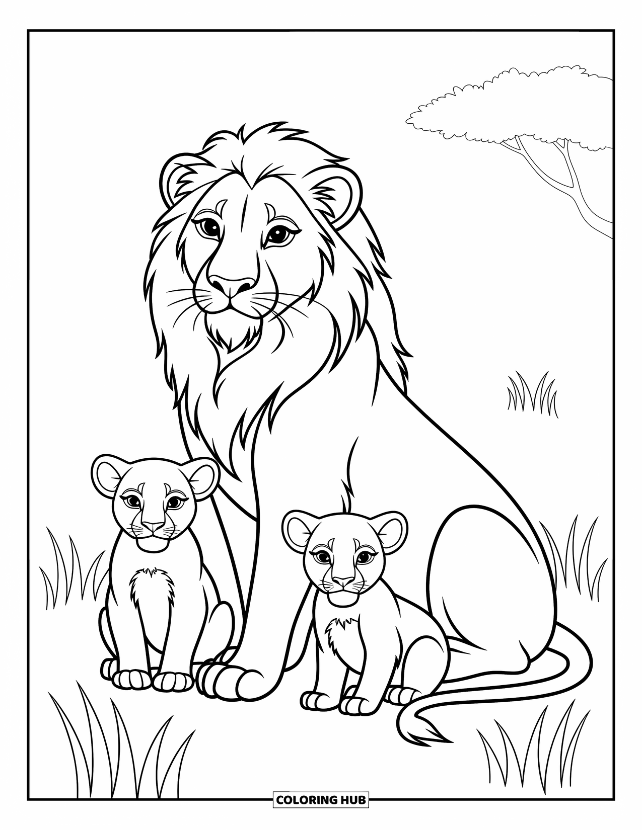 Kolorowanka z lwem dla dzieci: Dostojny lew siedzi ze swoimi młodymi, otoczony delikatną trawą i polnymi kwiatami
