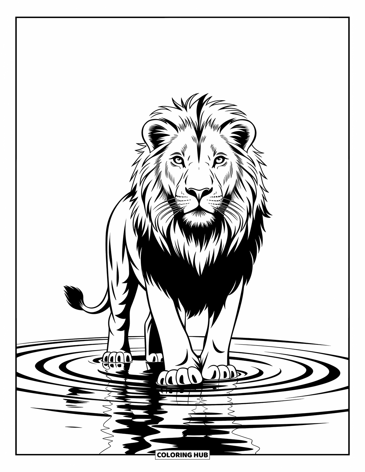 Kolorowanka z lwem dla dzieci: Dostojny lew stoi w wodzie, otoczony delikatnymi falami i aurą gracji