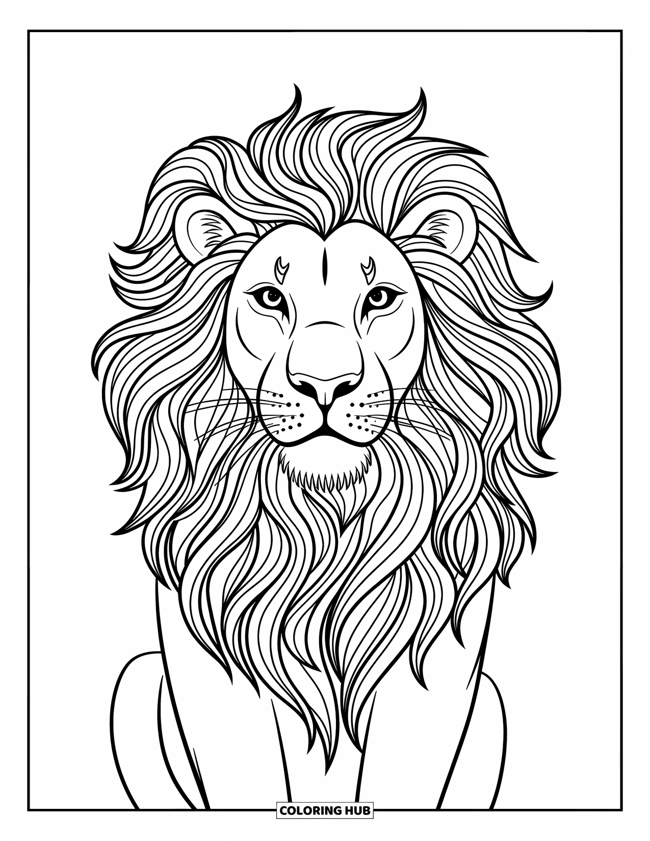 Kolorowanka z lwem dla dzieci: Bujna grzywa majestatycznego lwa układa się w skomplikowane wzory, nadając mu nowoczesny i ekspresyjny wygląd