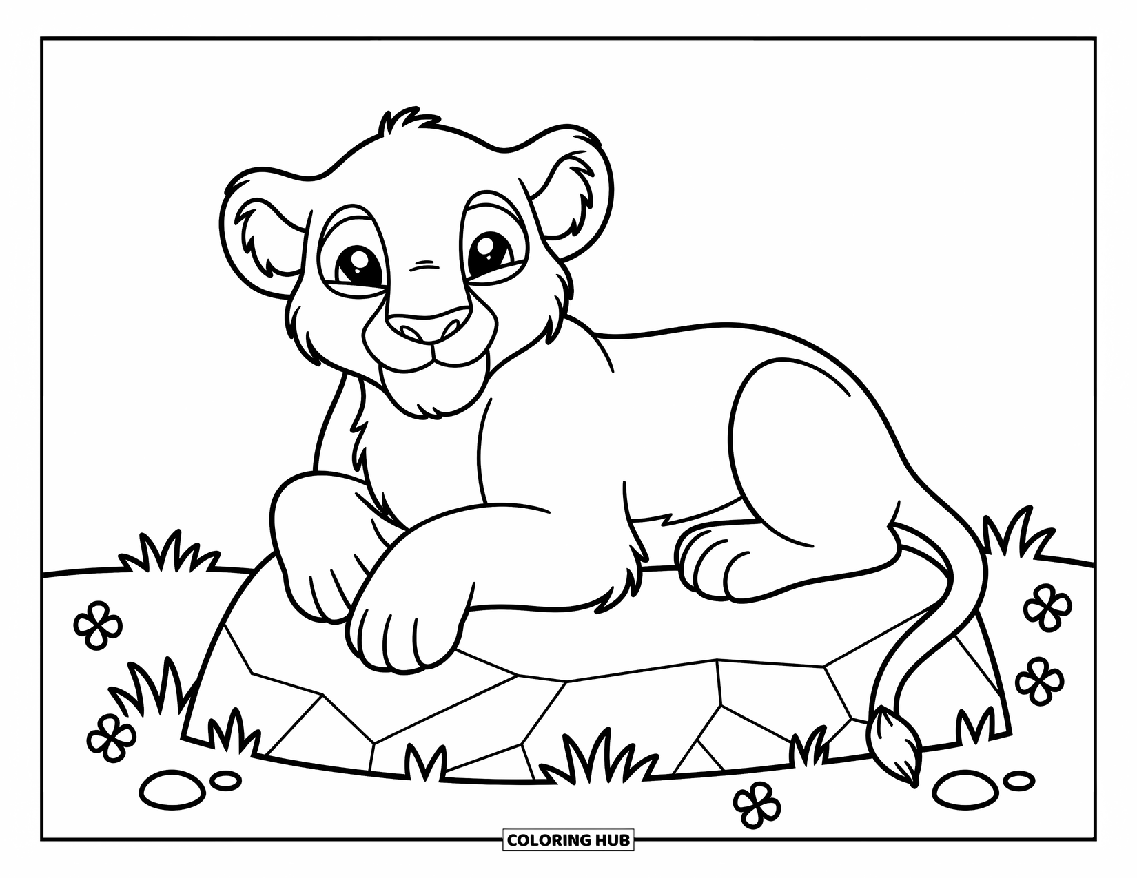 Kolorowanka z lwem dla dzieci: Spokojny lew odpoczywa na skale, otoczony rozrzuconymi polnymi kwiatami i miękkimi chmurami