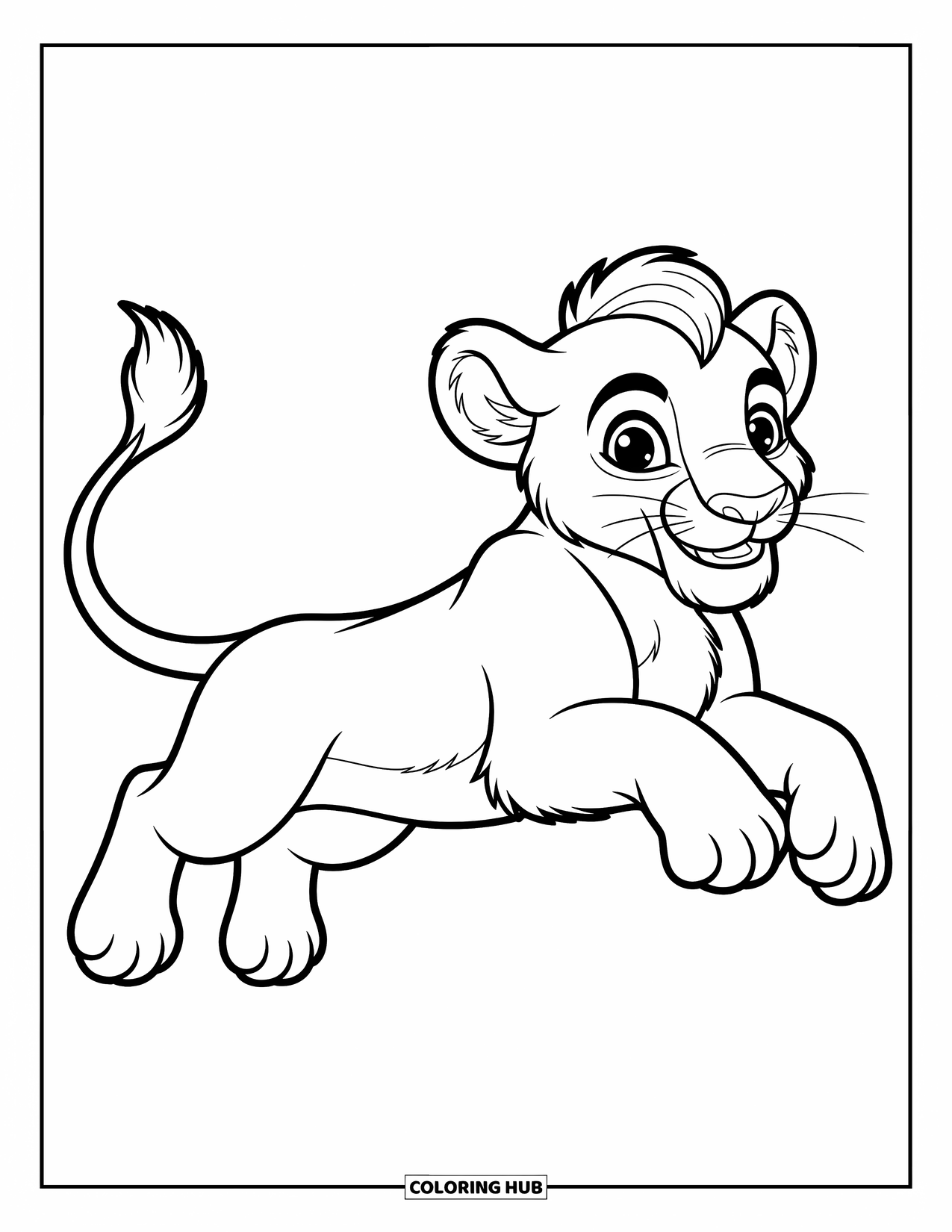 Kolorowanka z lwem dla dzieci: Figlarne lwiątko skacze w powietrzu, a jego ciało jest rozciągnięte w energicznej i żywej pozie