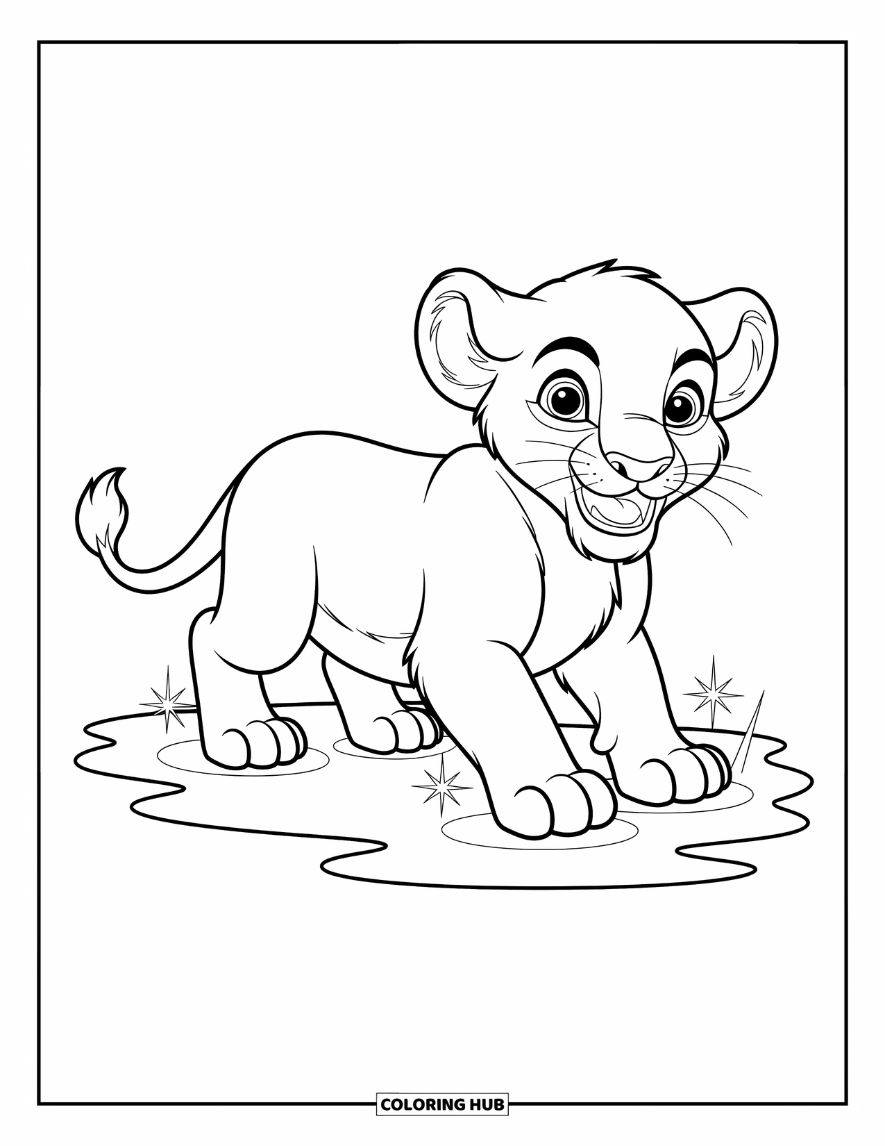 Kolorowanka z lwem dla dzieci: Figlarne lwiątko pluska się w kałuży, a jego ogon merda z ekscytacją