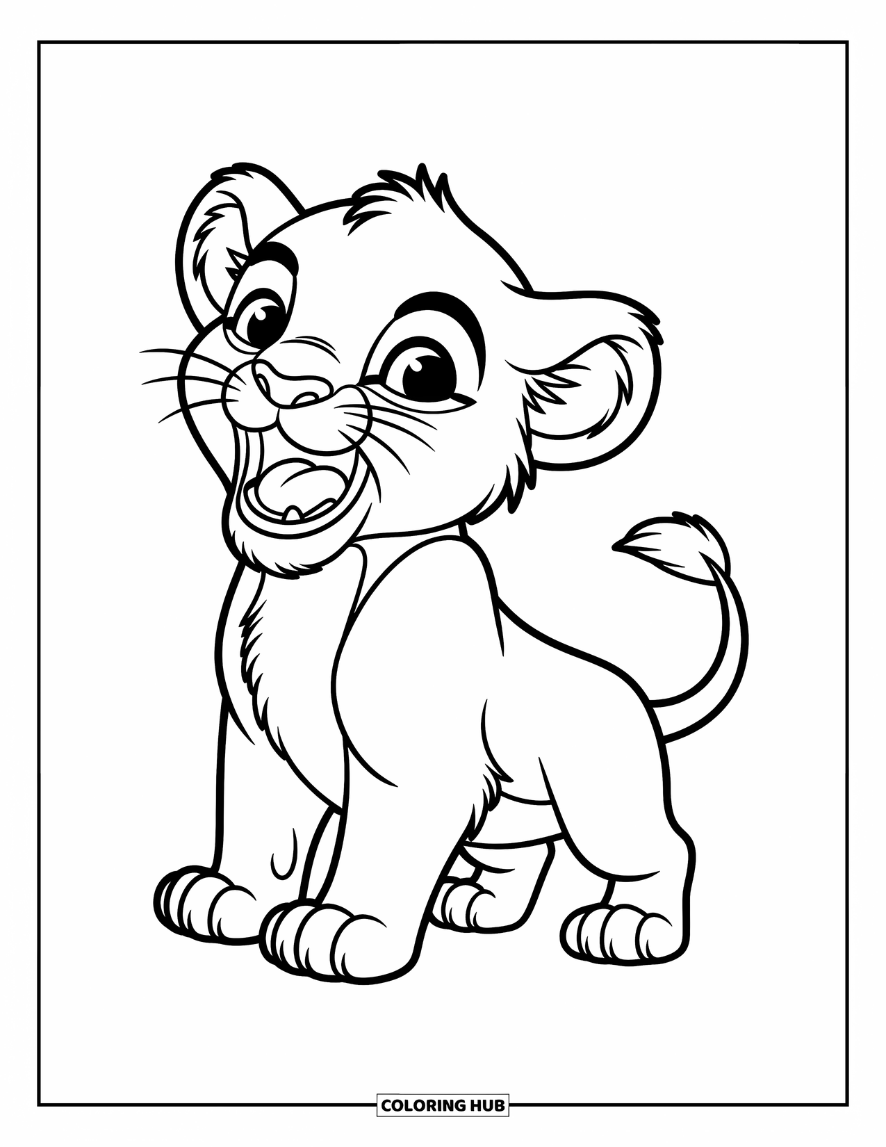 Kolorowanka z lwem dla dzieci: Figlarne lwiątko stoi na tylnych łapach, wydając uroczy ryk