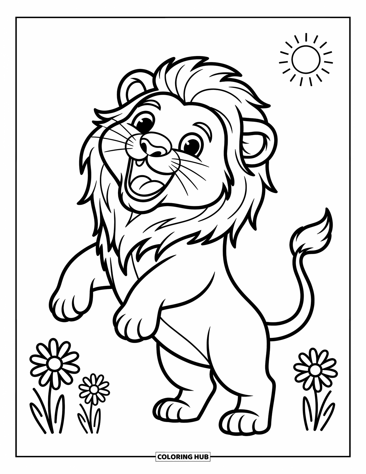 Kolorowanka z lwem dla dzieci: Figlarne lwiątko stoi na tylnych łapach, wydając uroczy ryk