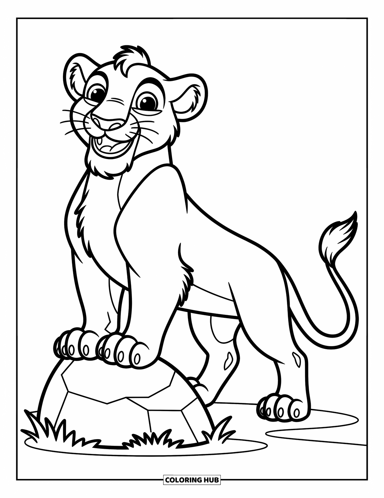 Kolorowanka z lwem dla dzieci: Figlarny lew pozuje na skale, a jego grzywa powiewa z zabawnym, angażującym wyglądem