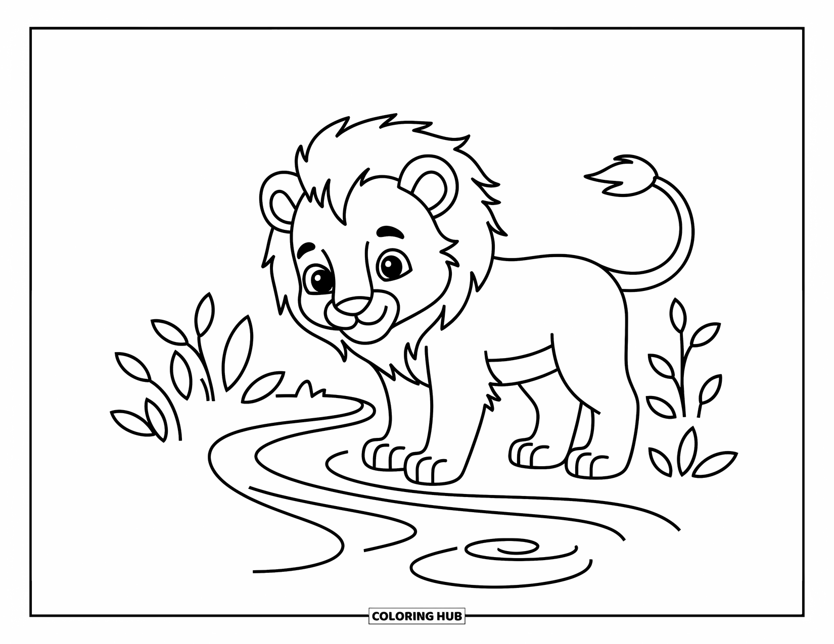 Kolorowanka z lwem dla dzieci: Figlarny lew obserwuje swoje odbicie w małym strumieniu, pełen ciekawości