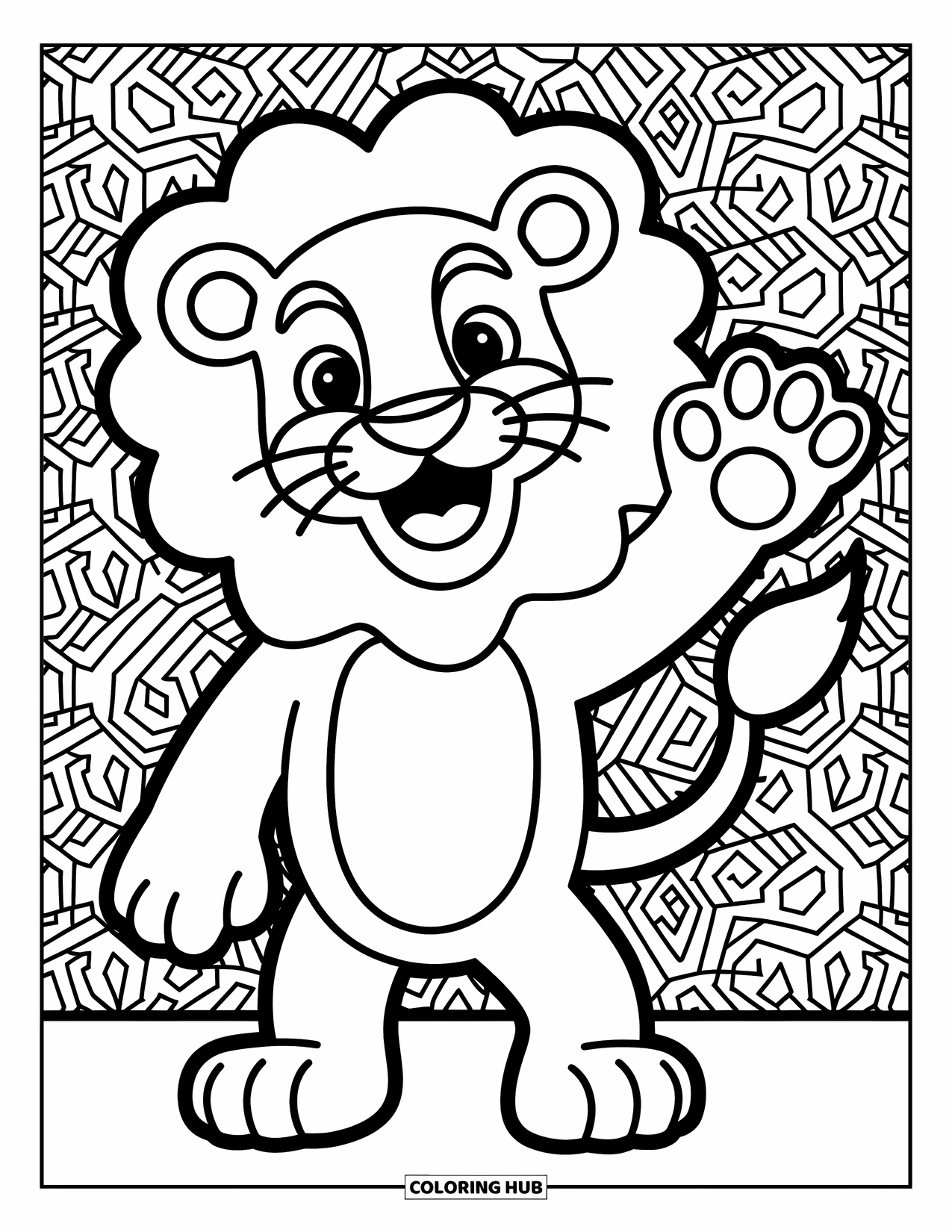 Kolorowanka z lwem dla dzieci: Figlarny lew macha radośnie, a jego ekspresyjna twarz jest pełna ciepła i ekscytacji
