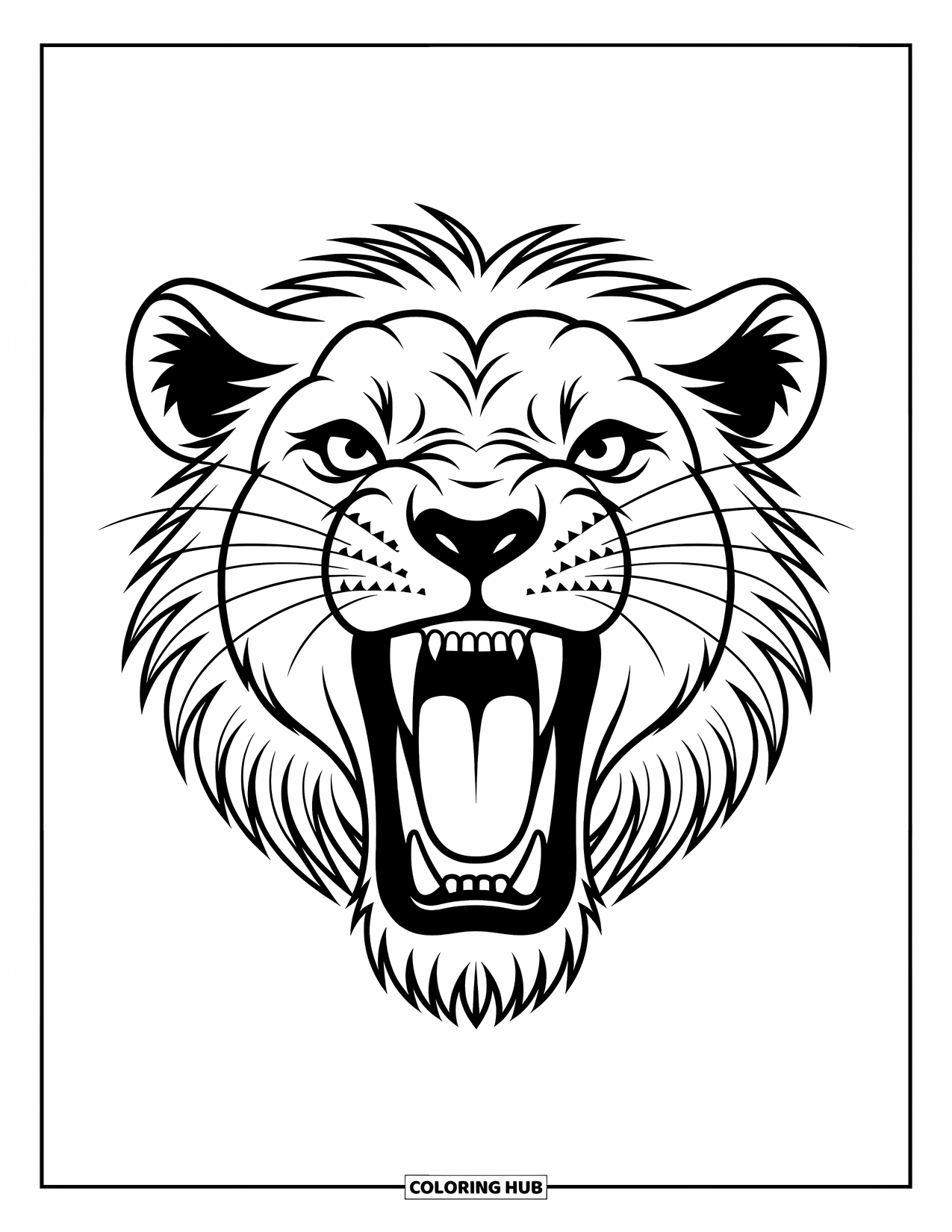 Kolorowanka z lwem dla dzieci: Potężny lew wydaje potężny ryk, a jego dzika grzywa powiewa dramatycznie