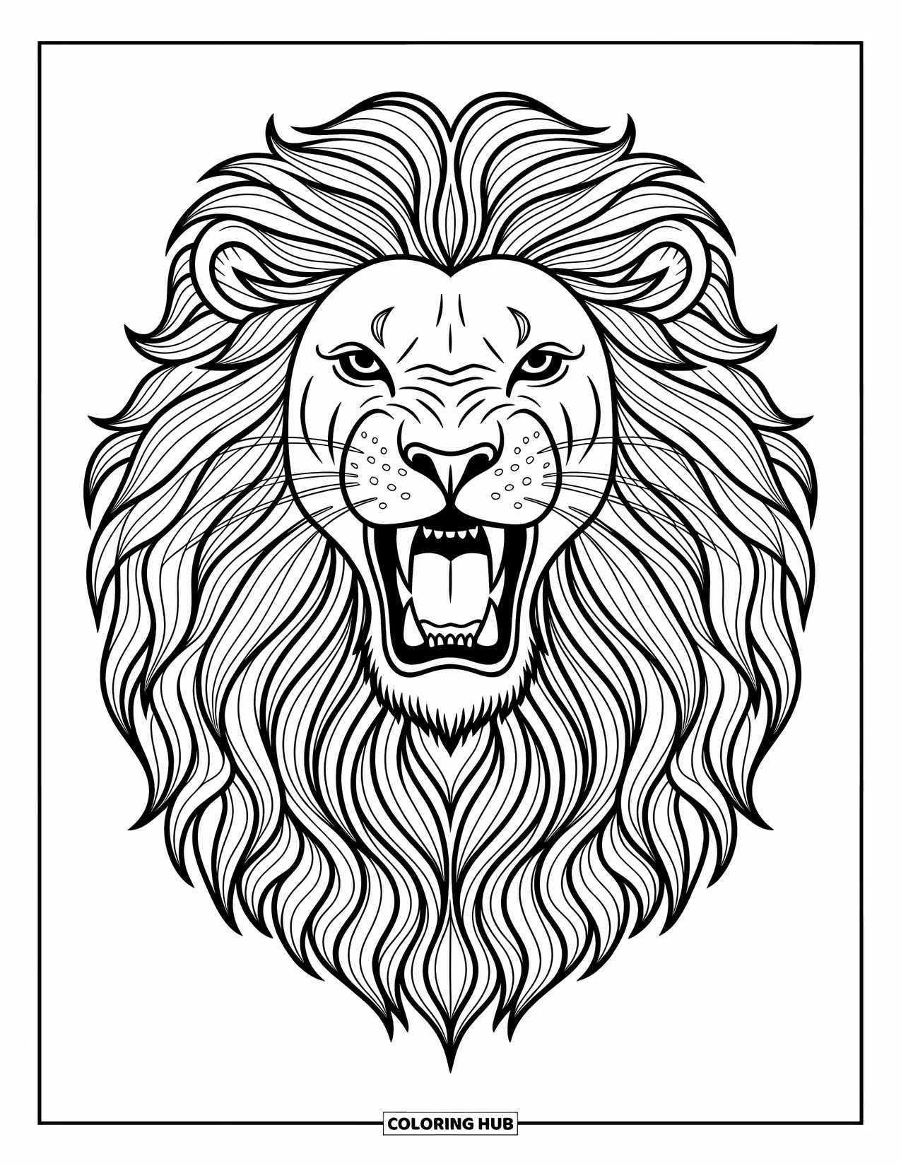 Kolorowanka z lwem dla dzieci: Potężny lew ryczy, a jego bujna grzywa tworzy odważny i uderzający obraz