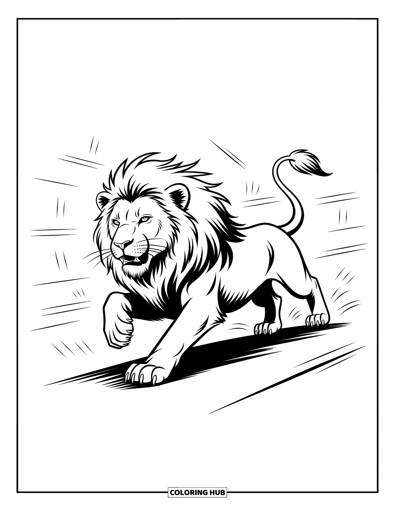 Kolorowanka z lwem dla dzieci: Potężny lew biegnie z pełną prędkością, a jego dzika grzywa powiewa z energią